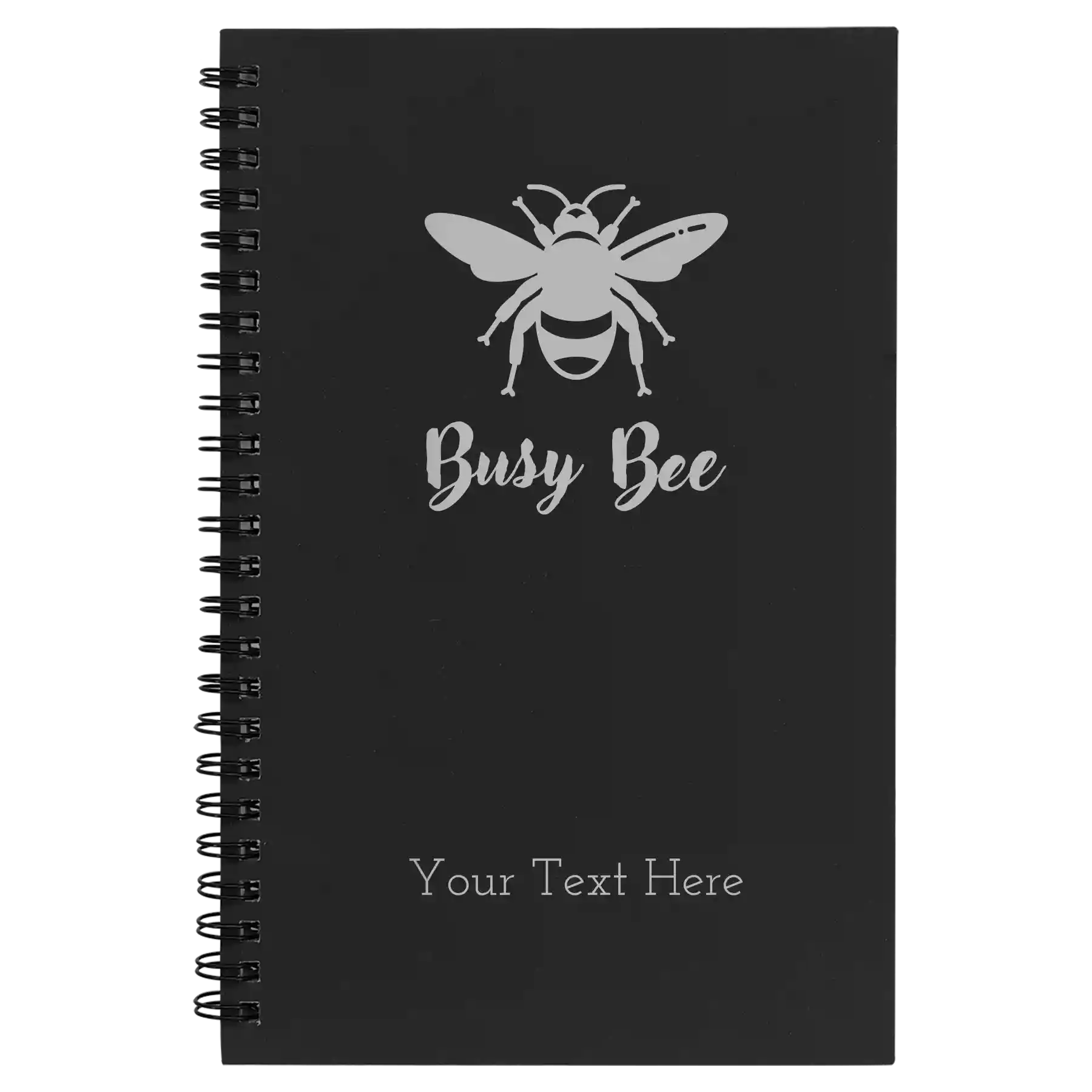 Small black spiral notebook laser etched with 'Busy Bee' design