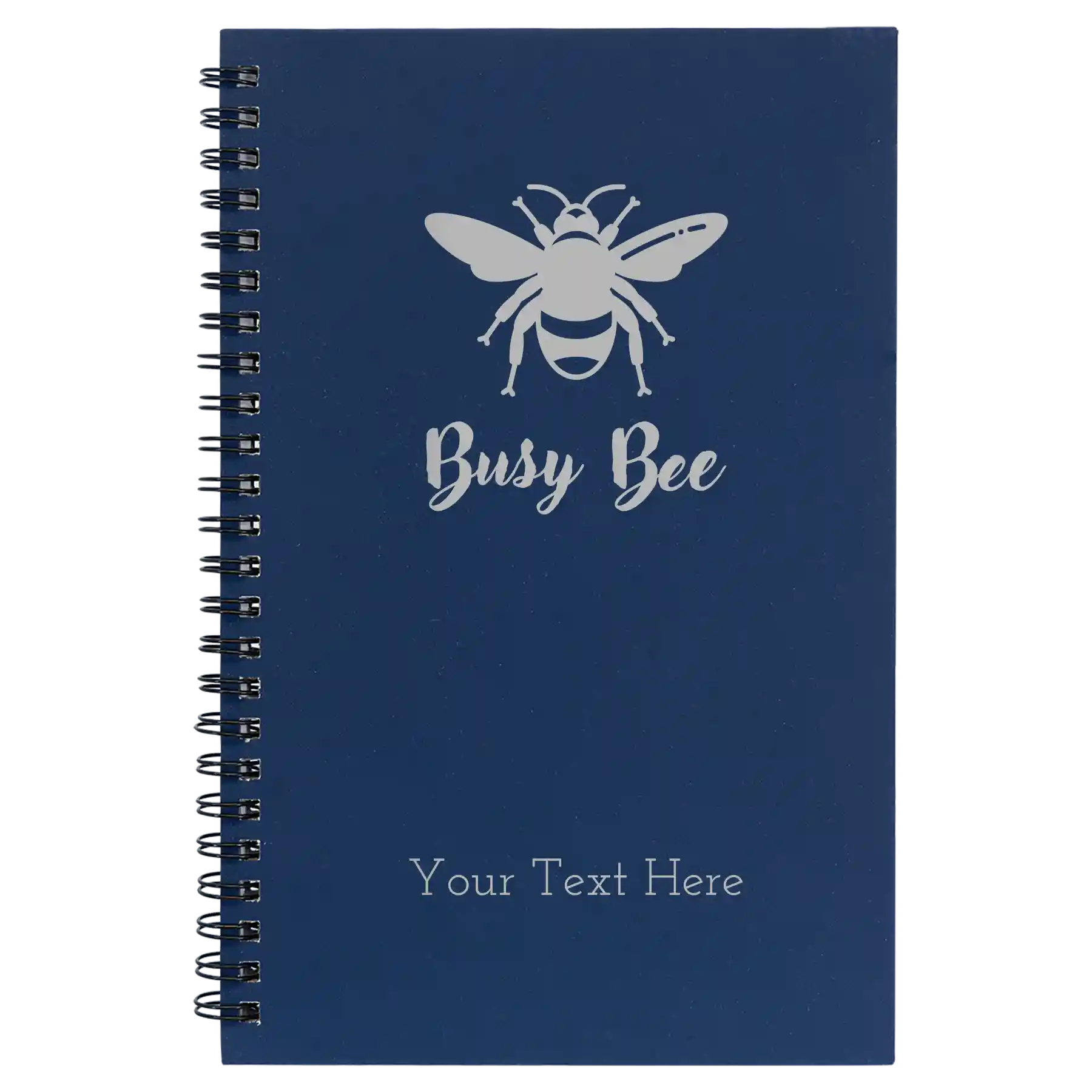 Small blue spiral notebook laser etched with 'Busy Bee' design