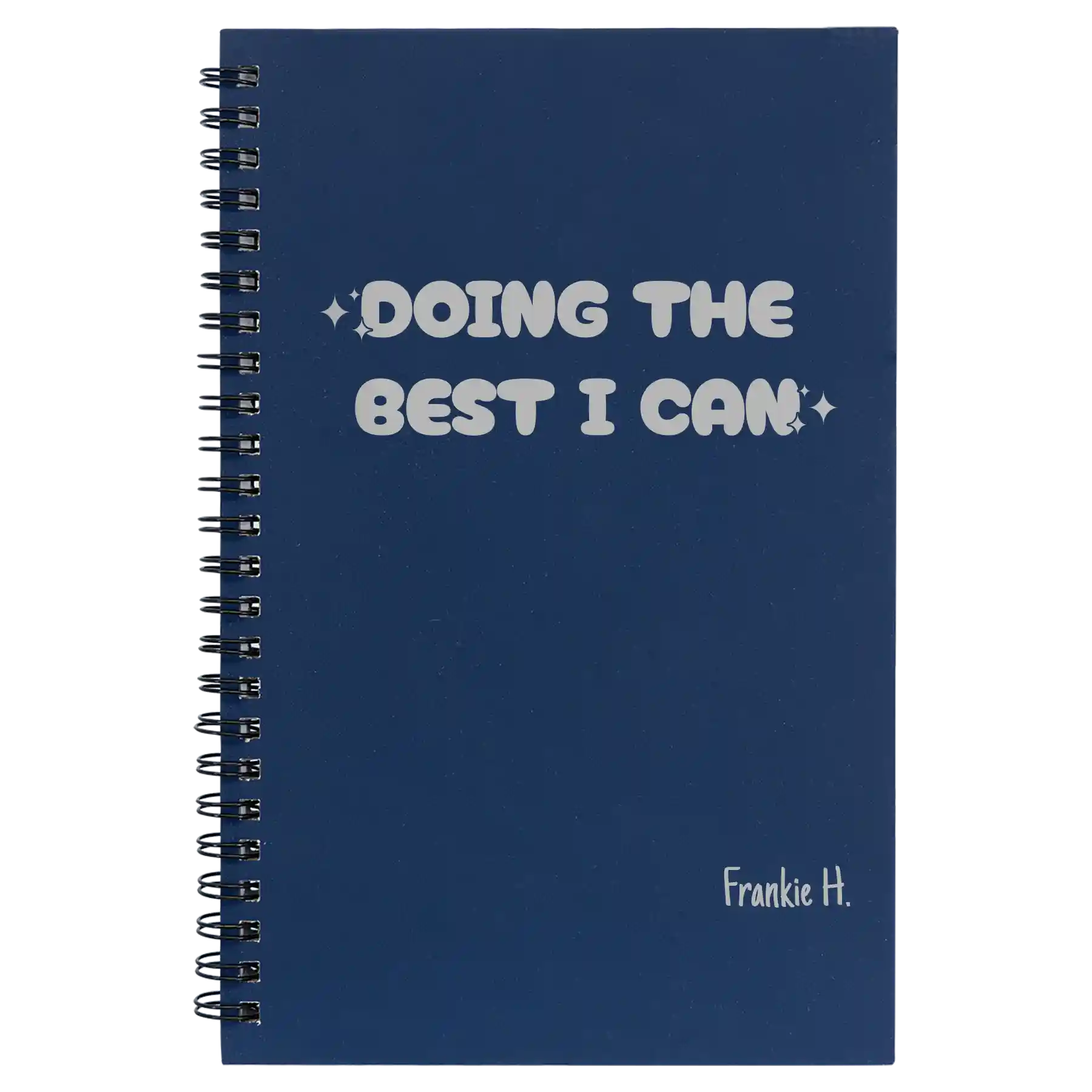 Small blue spiral notebook laser etched with 'Doing the Best' design