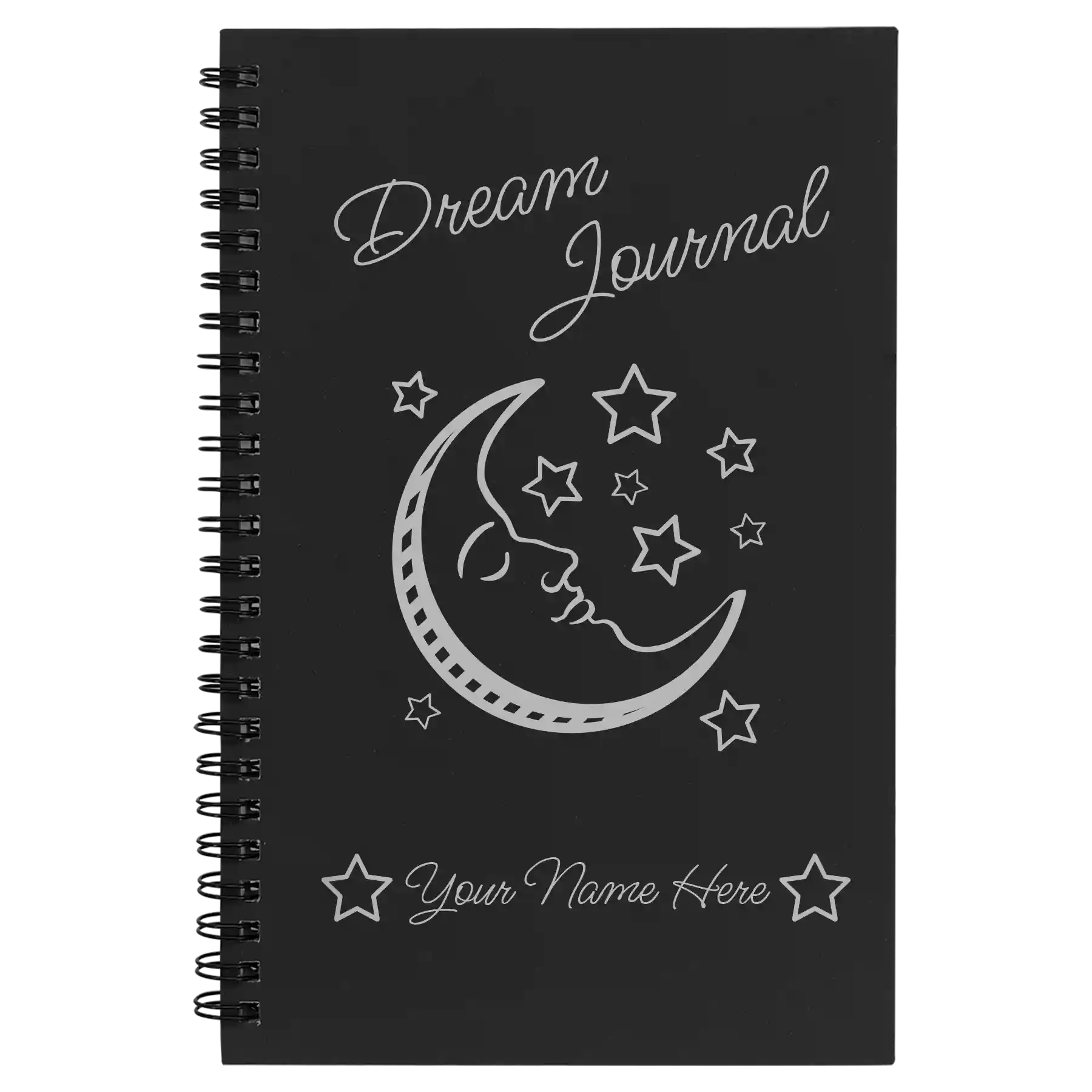 Small black spiral notebook laser etched with 'Dream Journal' design