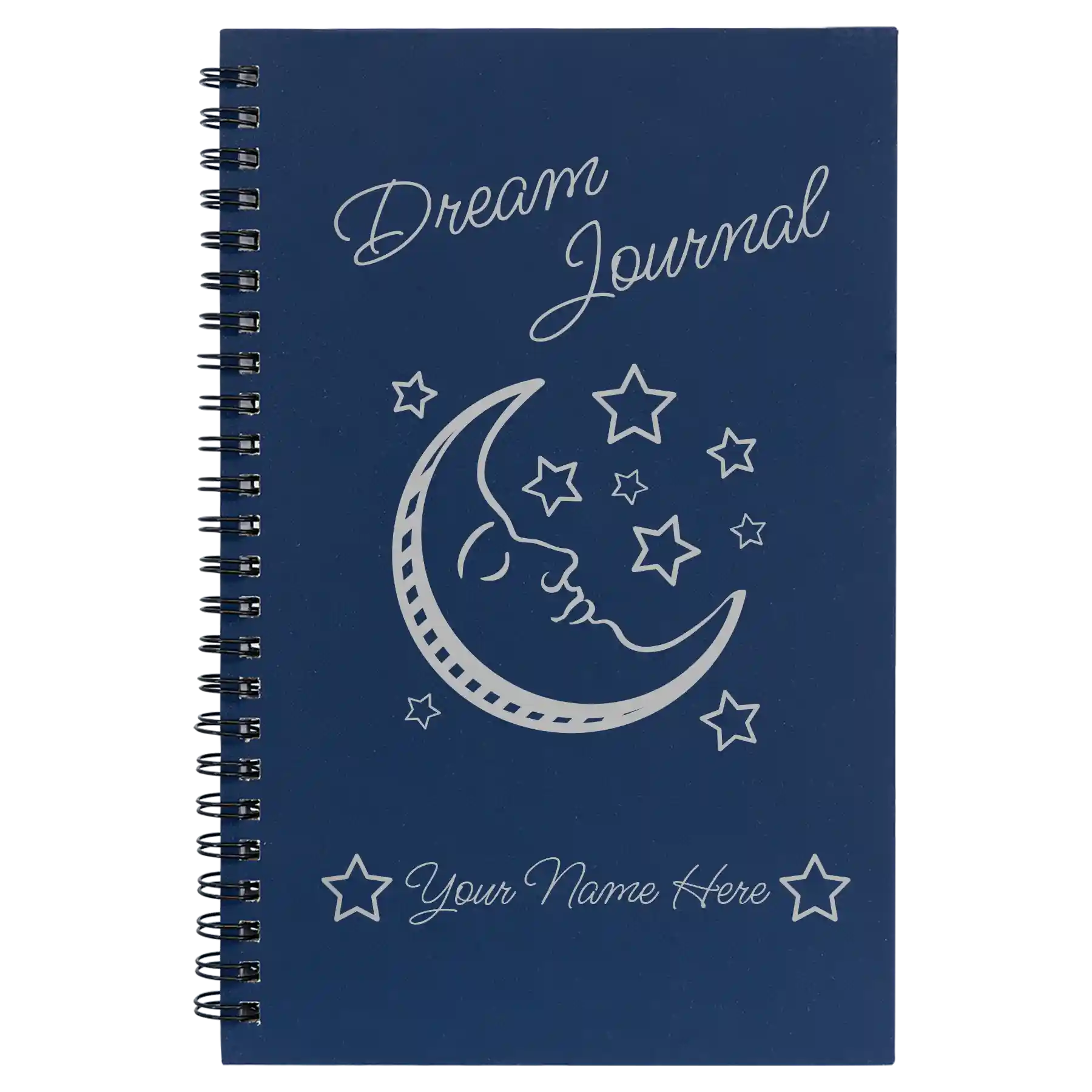 Small blue spiral notebook laser etched with 'Dream Journal' design