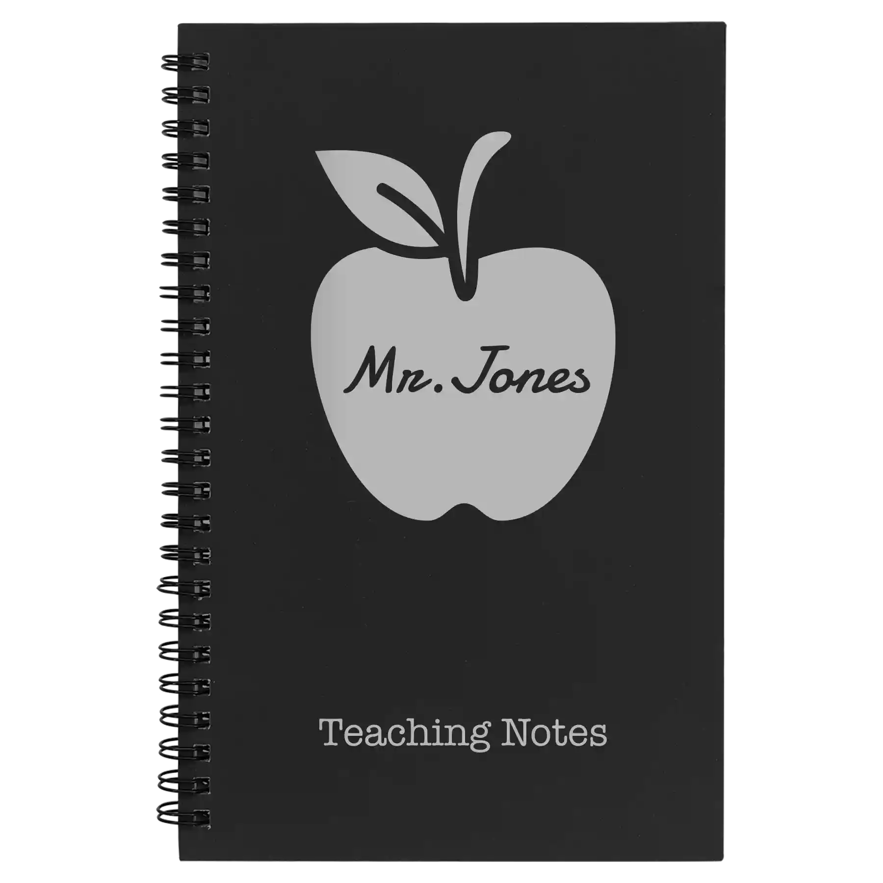 Small black spiral notebook laser etched with 'Teacher Apple' design