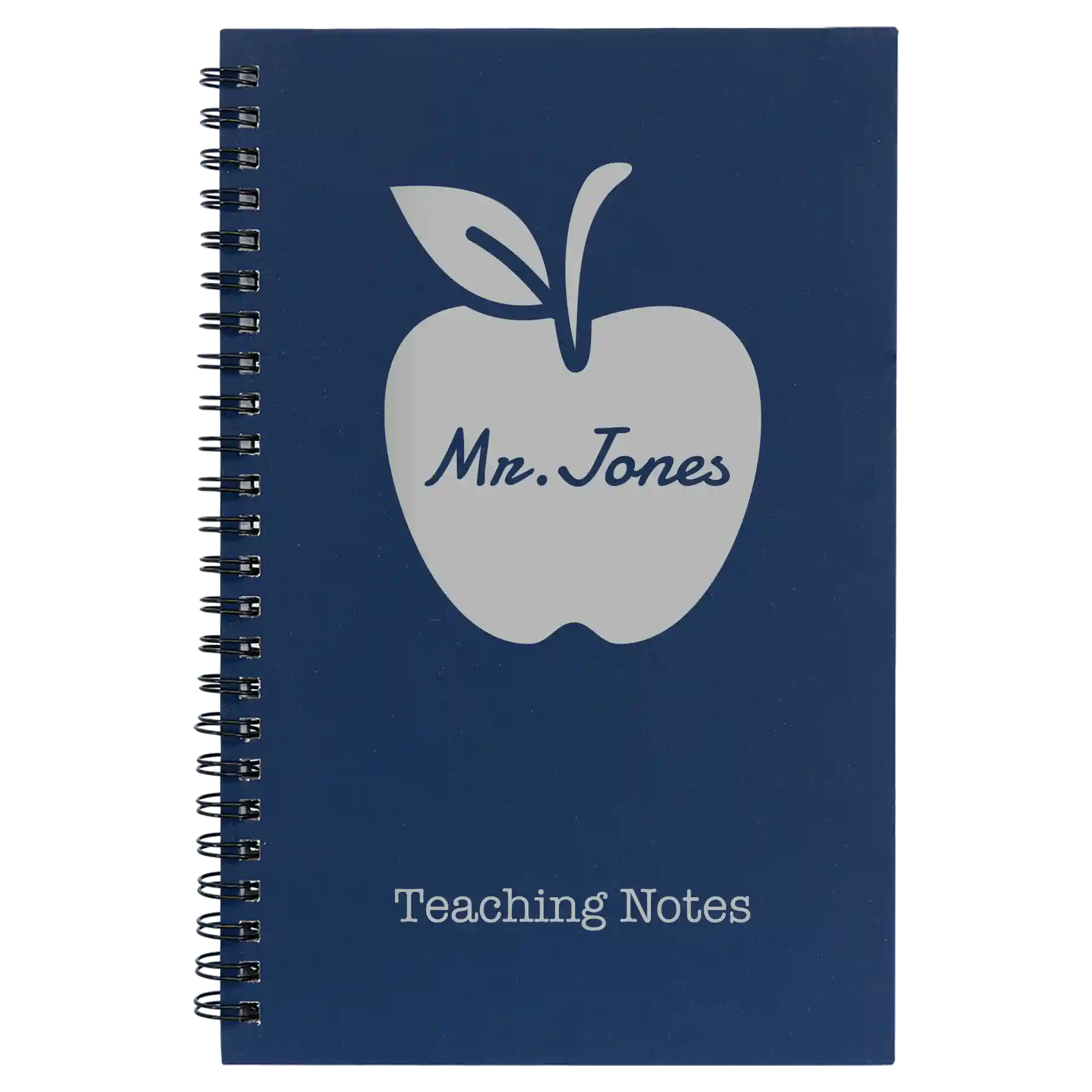 Small blue spiral notebook laser etched with 'Teacher Apple' design