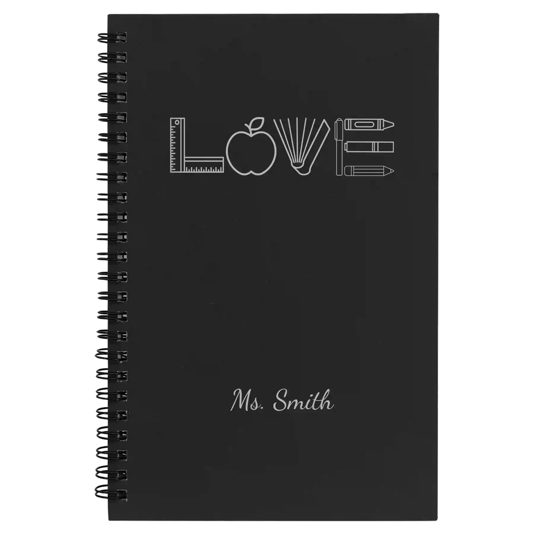 Small black spiral notebook laser etched with 'Teacher Love' design