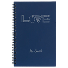 Small blue spiral notebook laser etched with 'Teacher Love' design