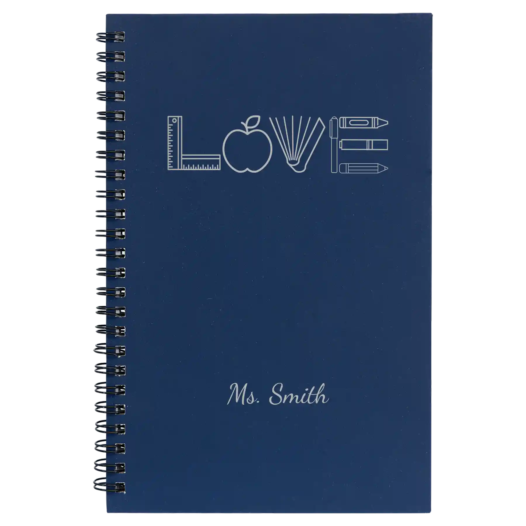 Small blue spiral notebook laser etched with 'Teacher Love' design