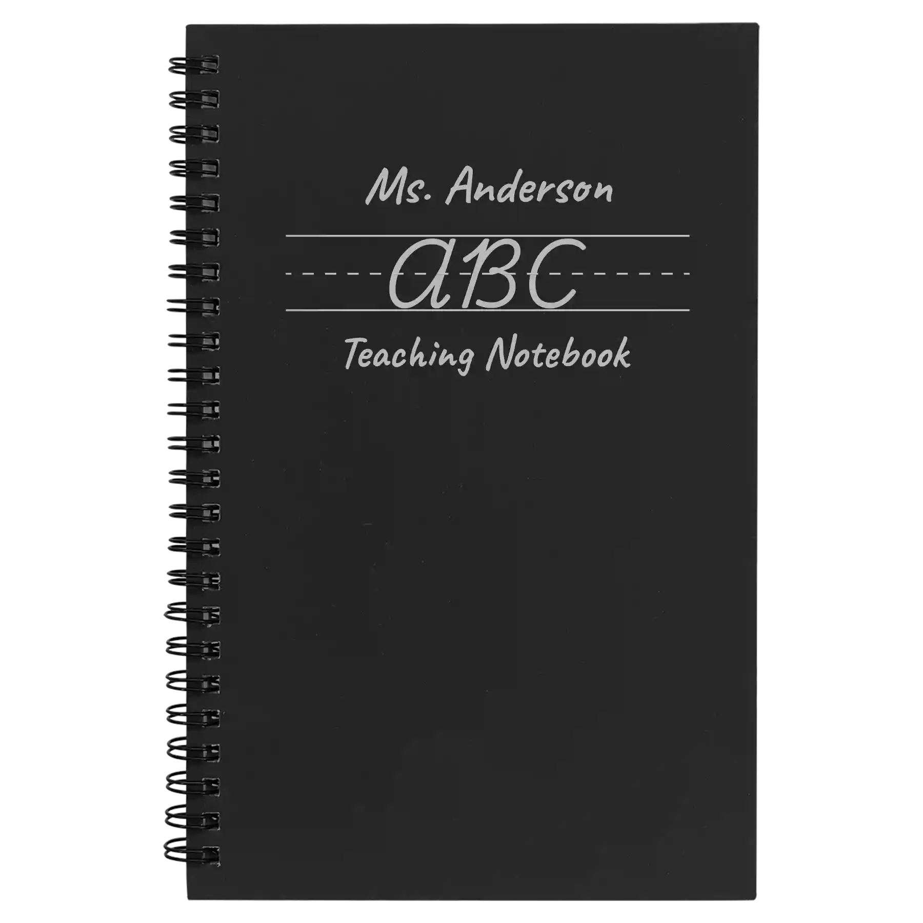 Small black spiral notebook laser etched with 'Teaching Notebook' design