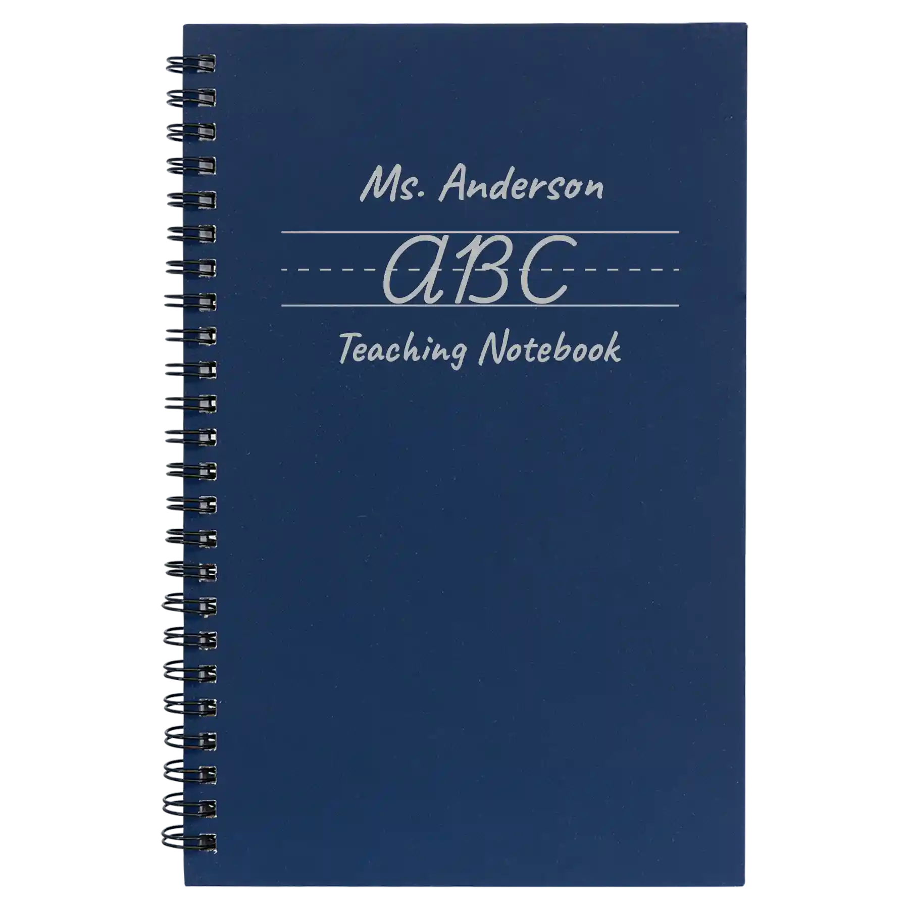 Small blue spiral notebook laser etched with 'Teaching Notebook' design