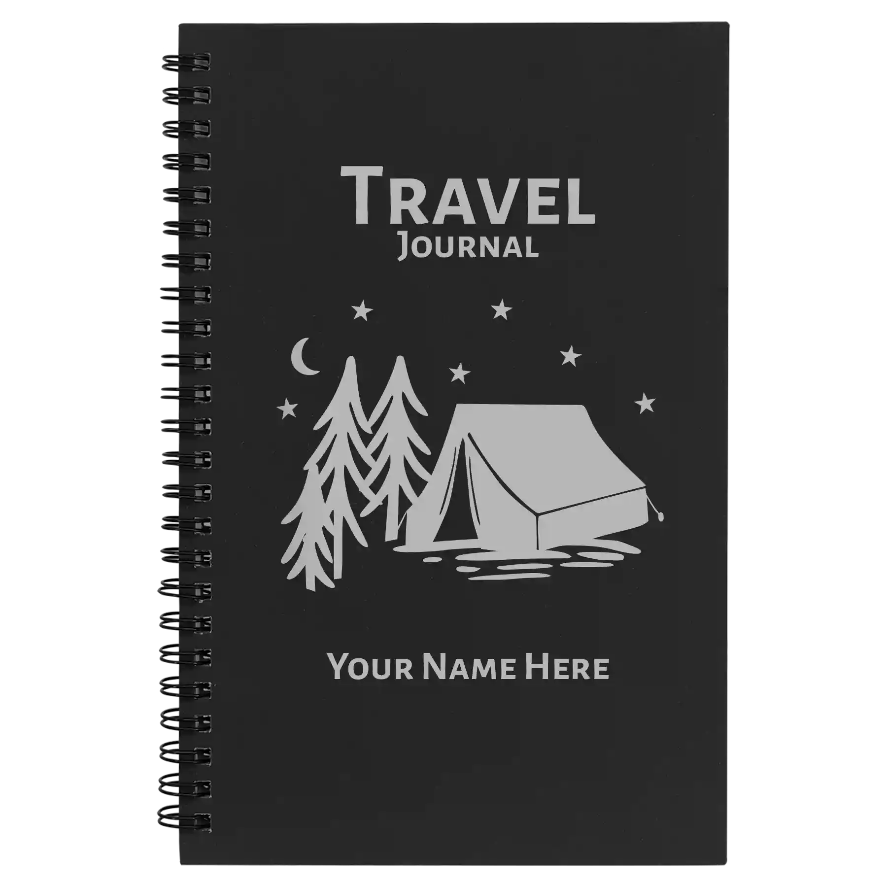 Small black spiral notebook laser etched with 'Travel Journal' design