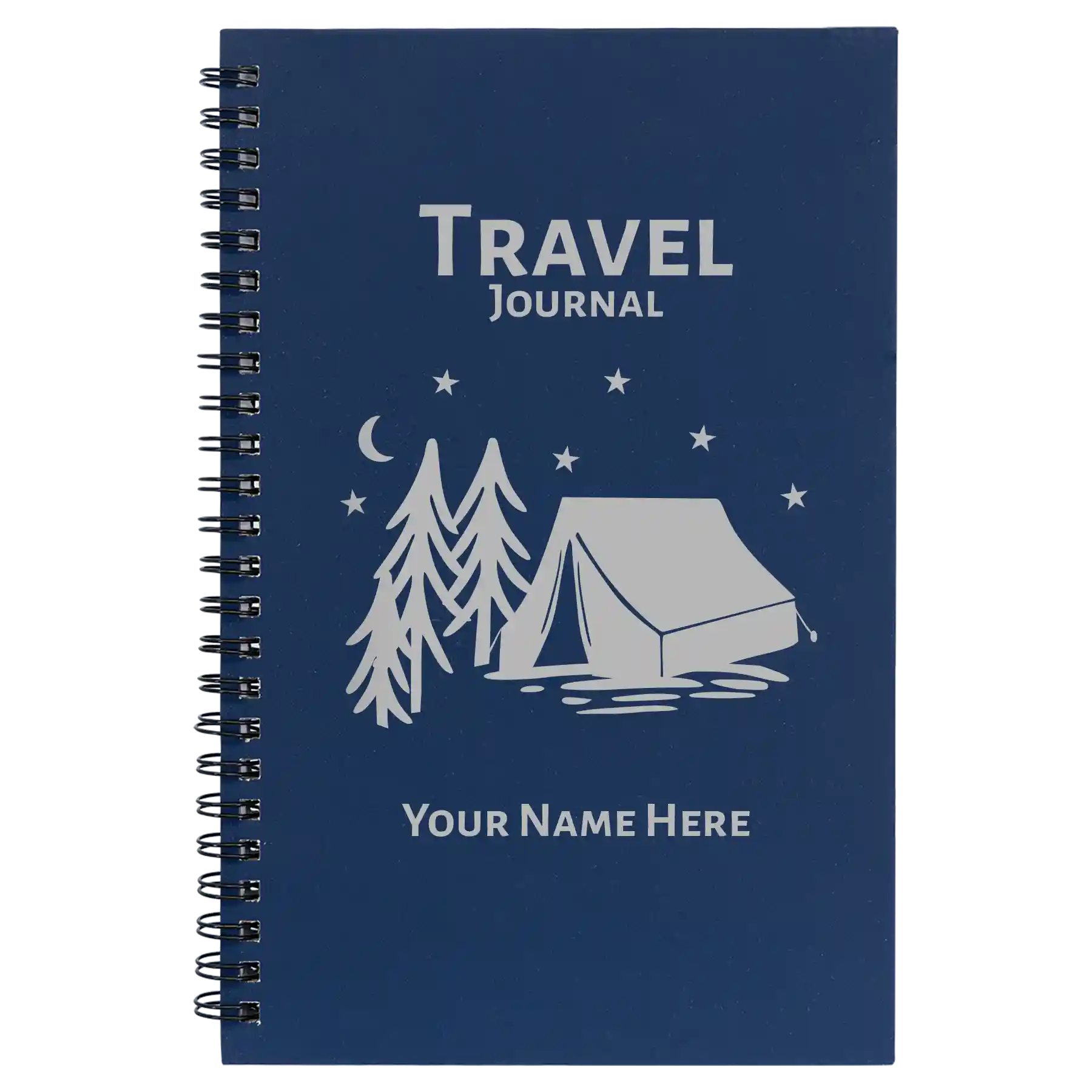 Small blue spiral notebook laser etched with 'Travel Journal' design