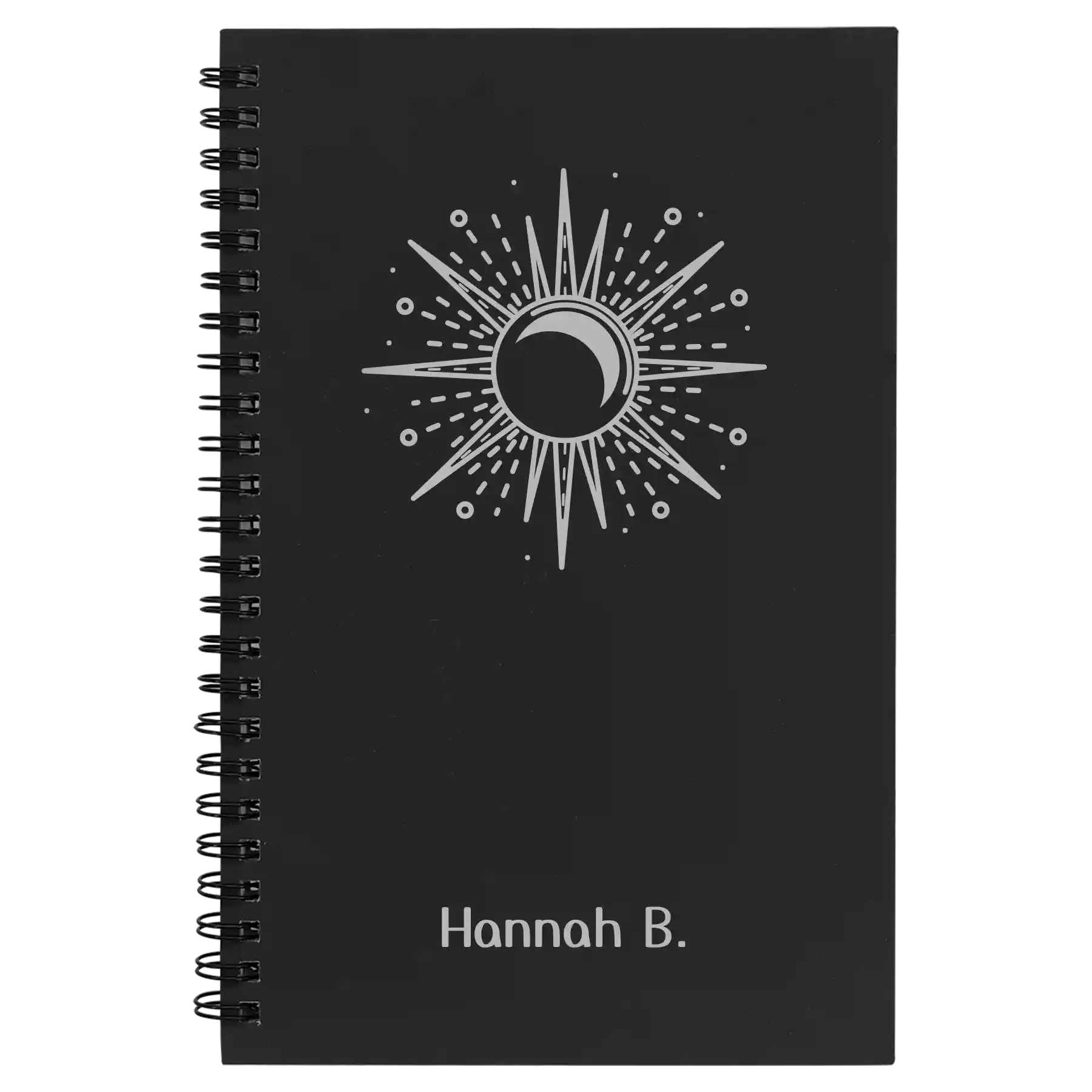 Small black spiral notebook laser etched with 'Sunburst' design