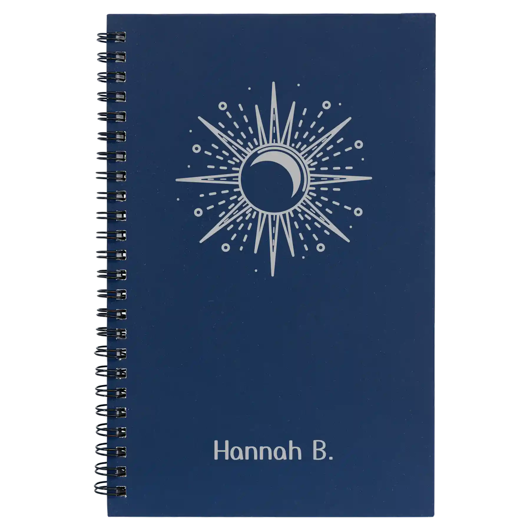 Small blue spiral notebook laser etched with 'Sunburst' design