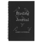 Small black spiral notebook laser etched with 'Birding Journal' design