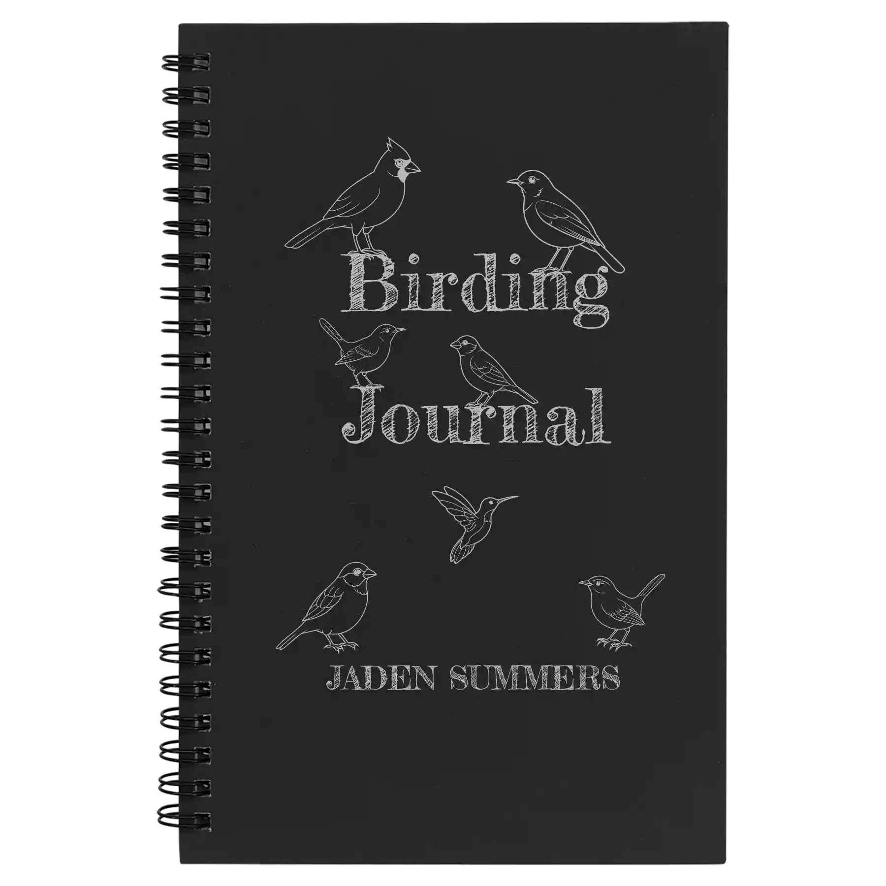 Small black spiral notebook laser etched with 'Birding Journal' design