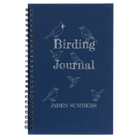 Small blue spiral notebook laser etched with 'Birding Journal' design