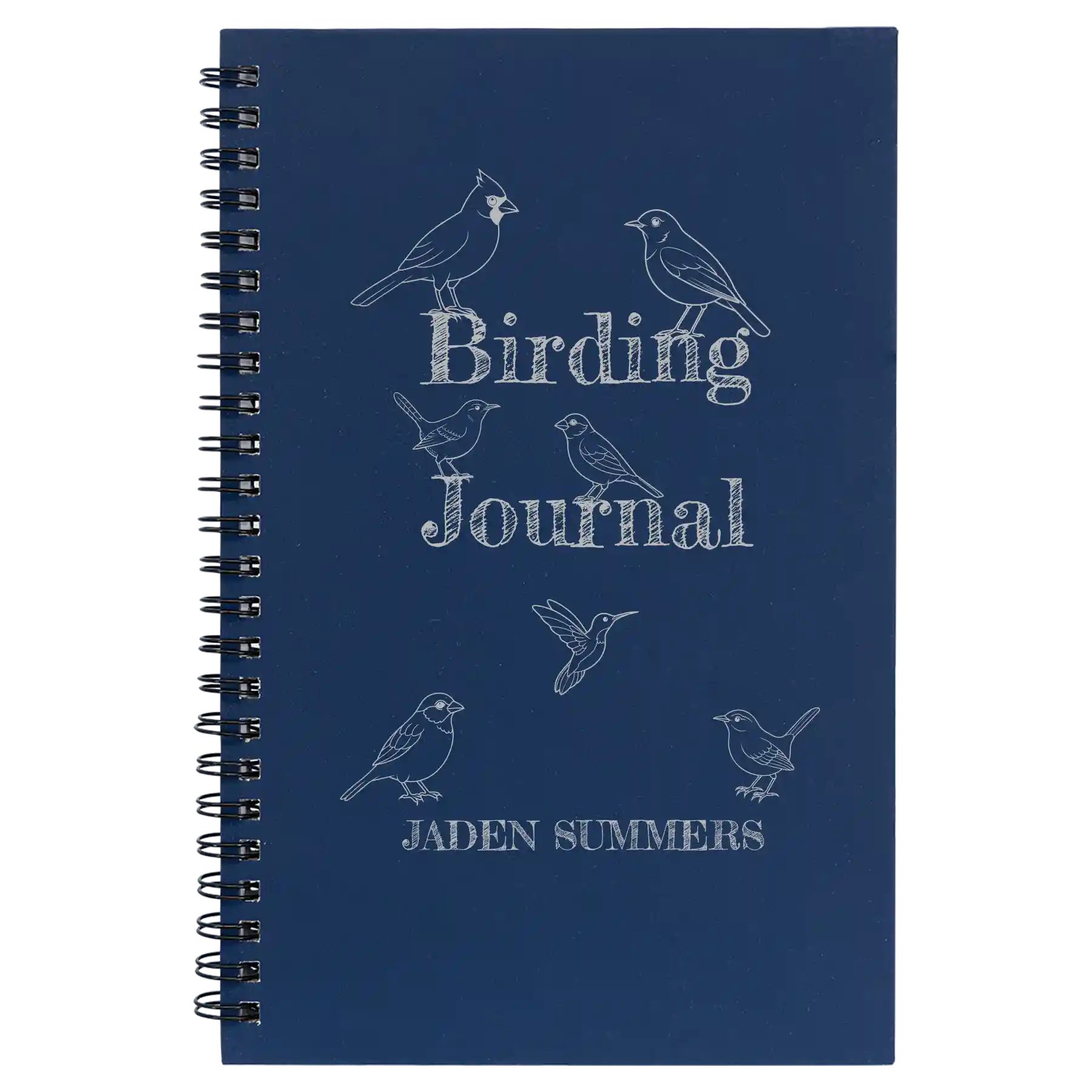 Small blue spiral notebook laser etched with 'Birding Journal' design