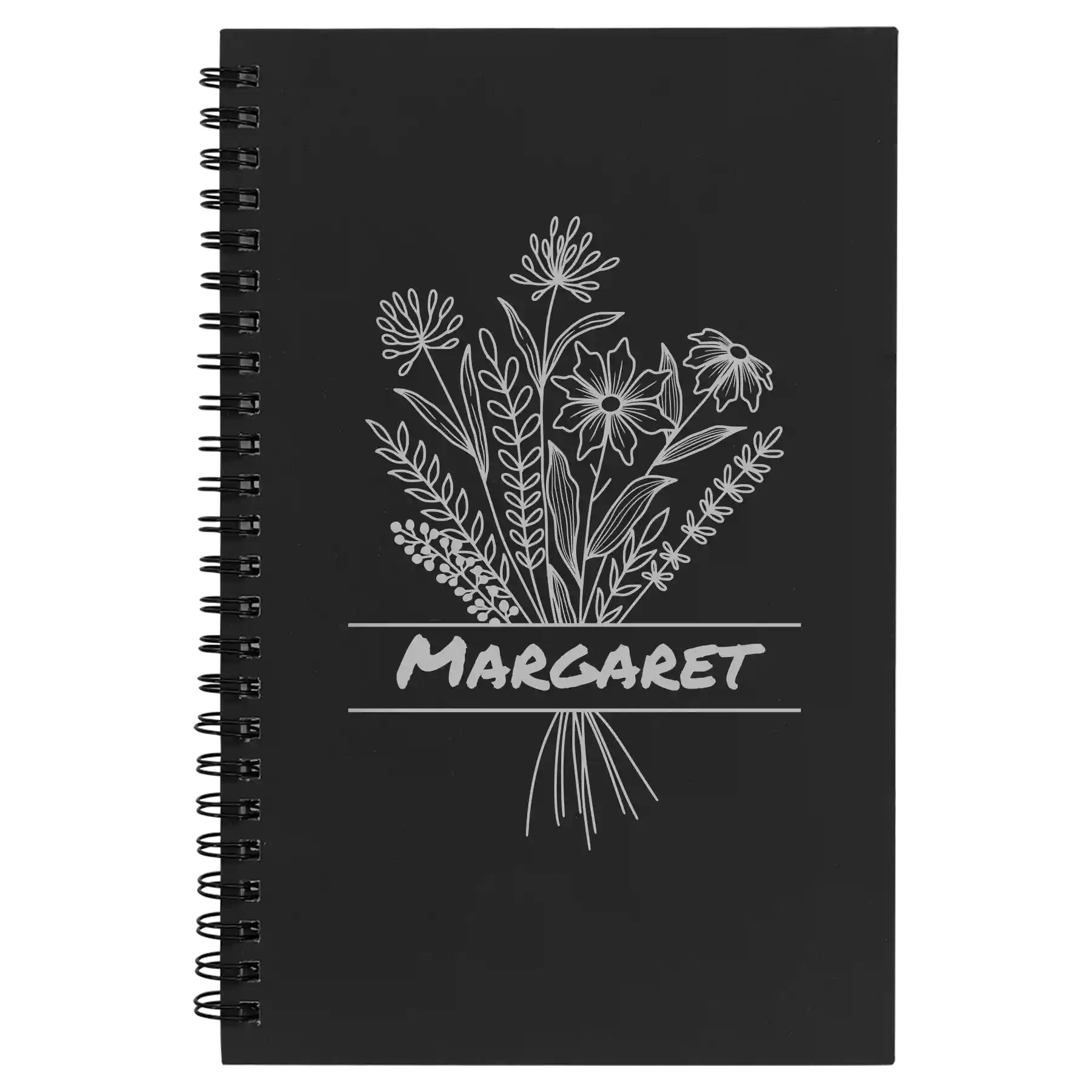Small black spiral notebook laser etched with 'Flower with Name' design