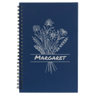 Small blue spiral notebook laser etched with 'Flower with Name' design