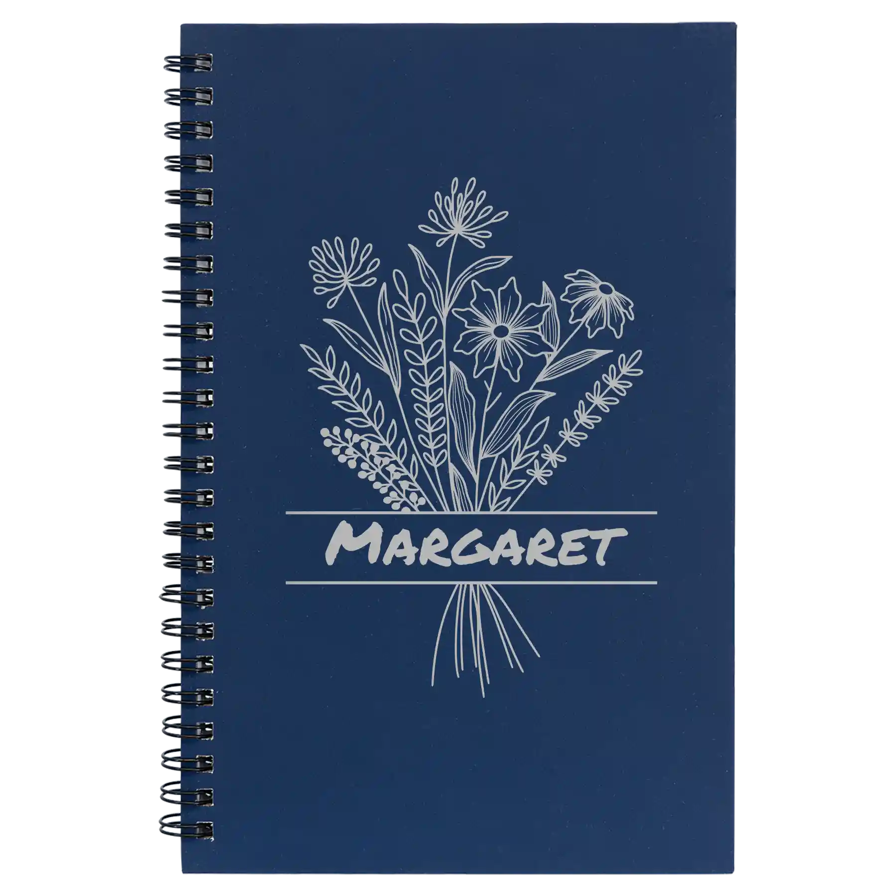 Small blue spiral notebook laser etched with 'Flower with Name' design
