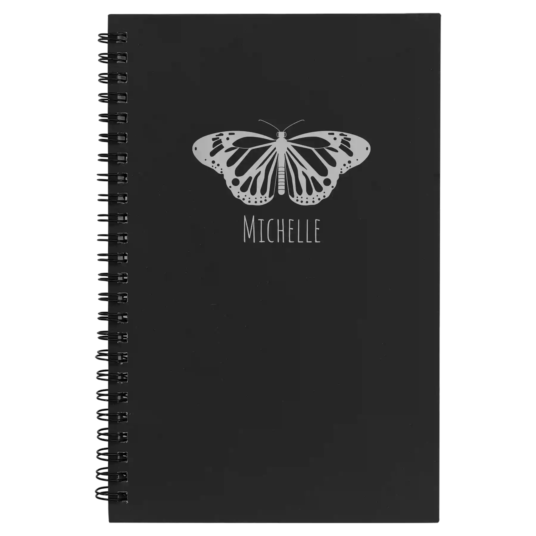 Small black spiral notebook laser etched with 'Butterfly Name' design