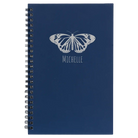 Small blue spiral notebook laser etched with 'Butterfly Name' design