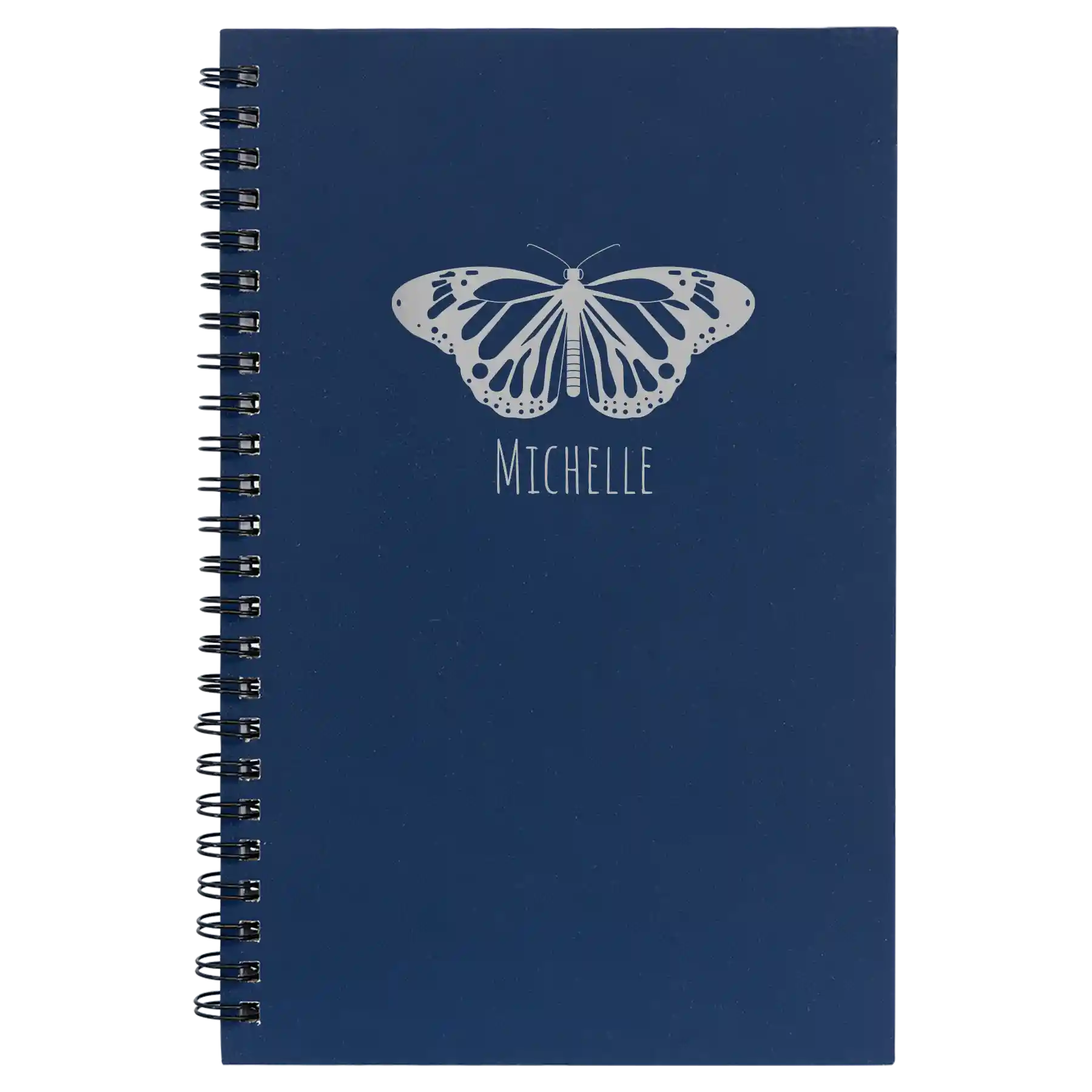 Small blue spiral notebook laser etched with 'Butterfly Name' design