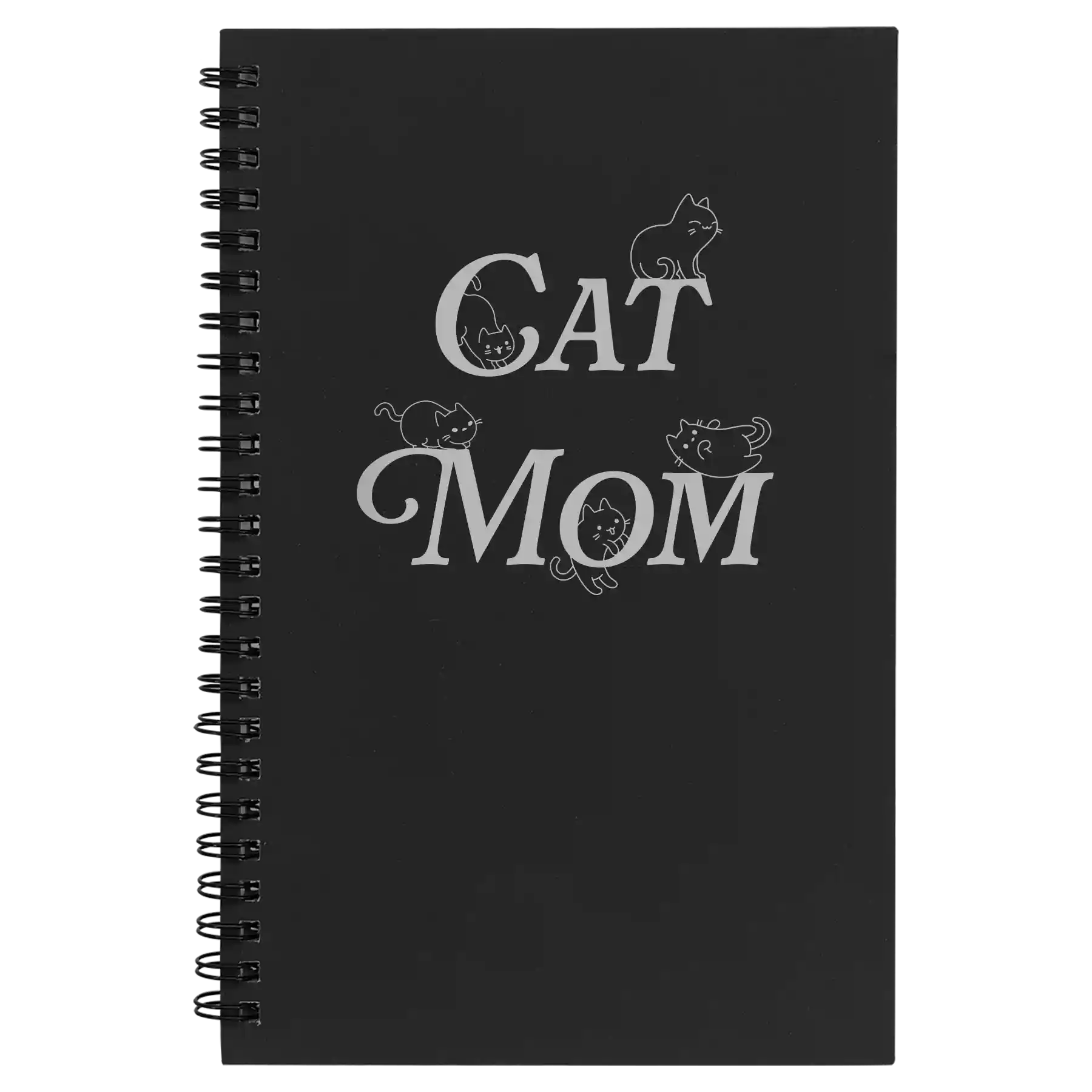 Small black spiral notebook laser etched with 'Cat Mom' design