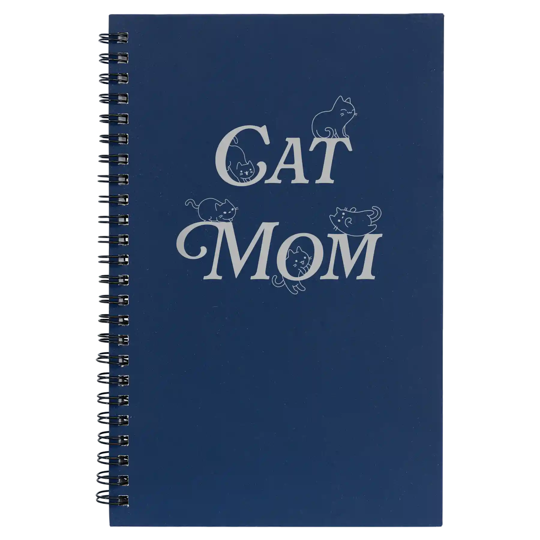 Small blue spiral notebook laser etched with 'Cat Mom' design