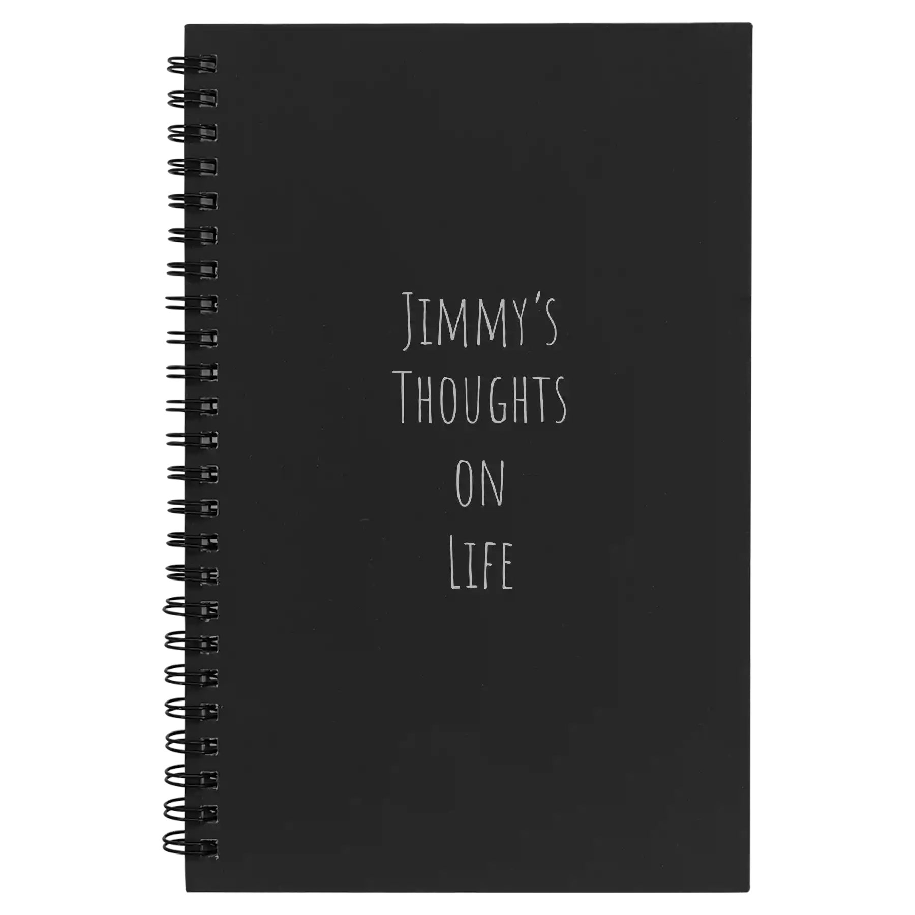 Small black spiral notebook laser etched with 'Thoughts on Life' design