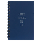Small blue spiral notebook laser etched with 'Thoughts on Life' design