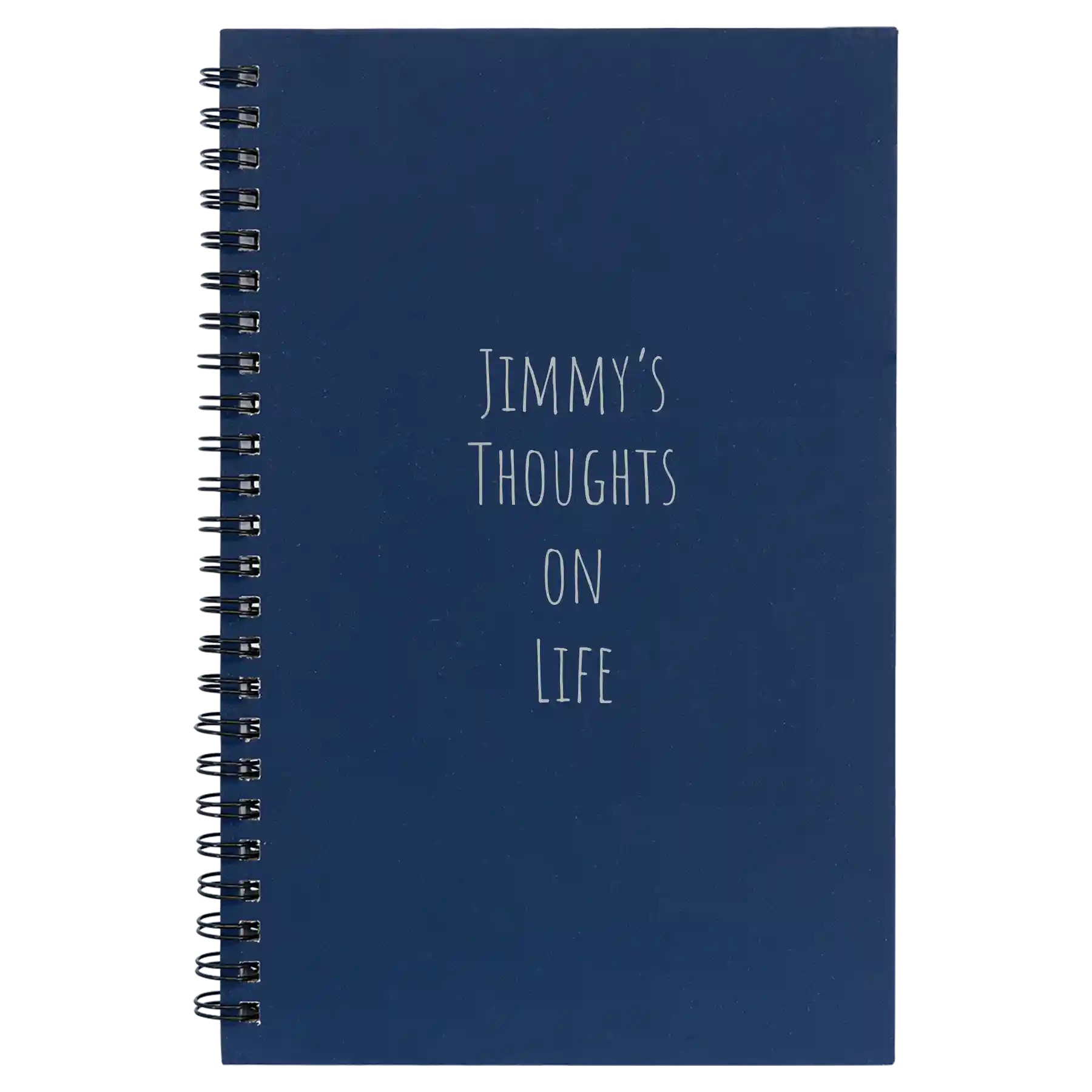 Small blue spiral notebook laser etched with 'Thoughts on Life' design