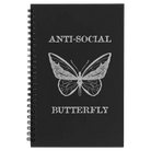 Small black spiral notebook laser etched with 'Anti-Social Butterfly' design