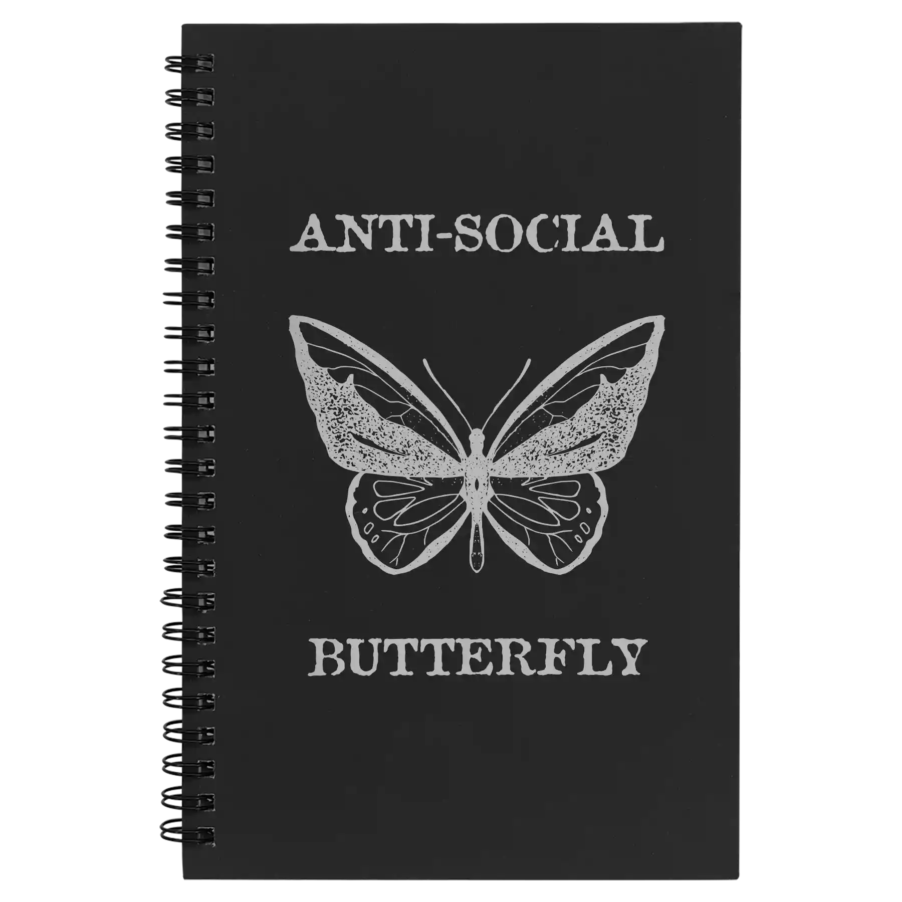 Small black spiral notebook laser etched with 'Anti-Social Butterfly' design