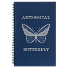 Small blue spiral notebook laser etched with 'Anti-Social Butterfly' design