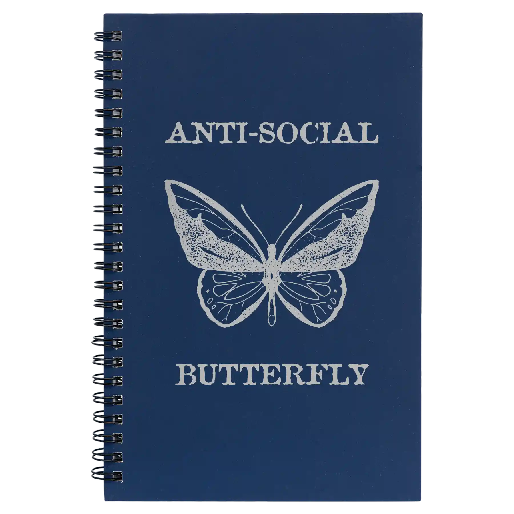 Small blue spiral notebook laser etched with 'Anti-Social Butterfly' design