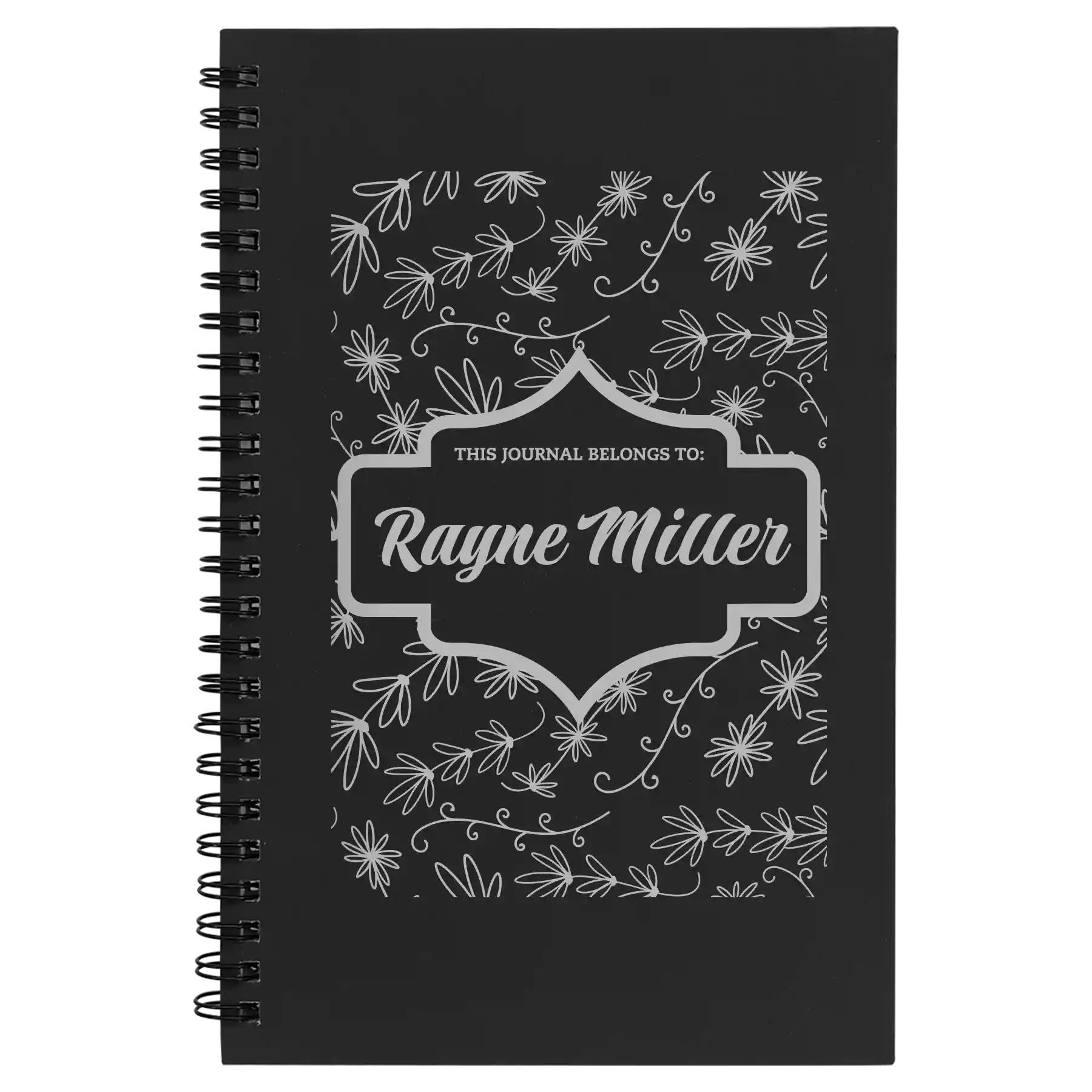 Small black spiral notebook laser etched with 'This Journal Belongs to' design