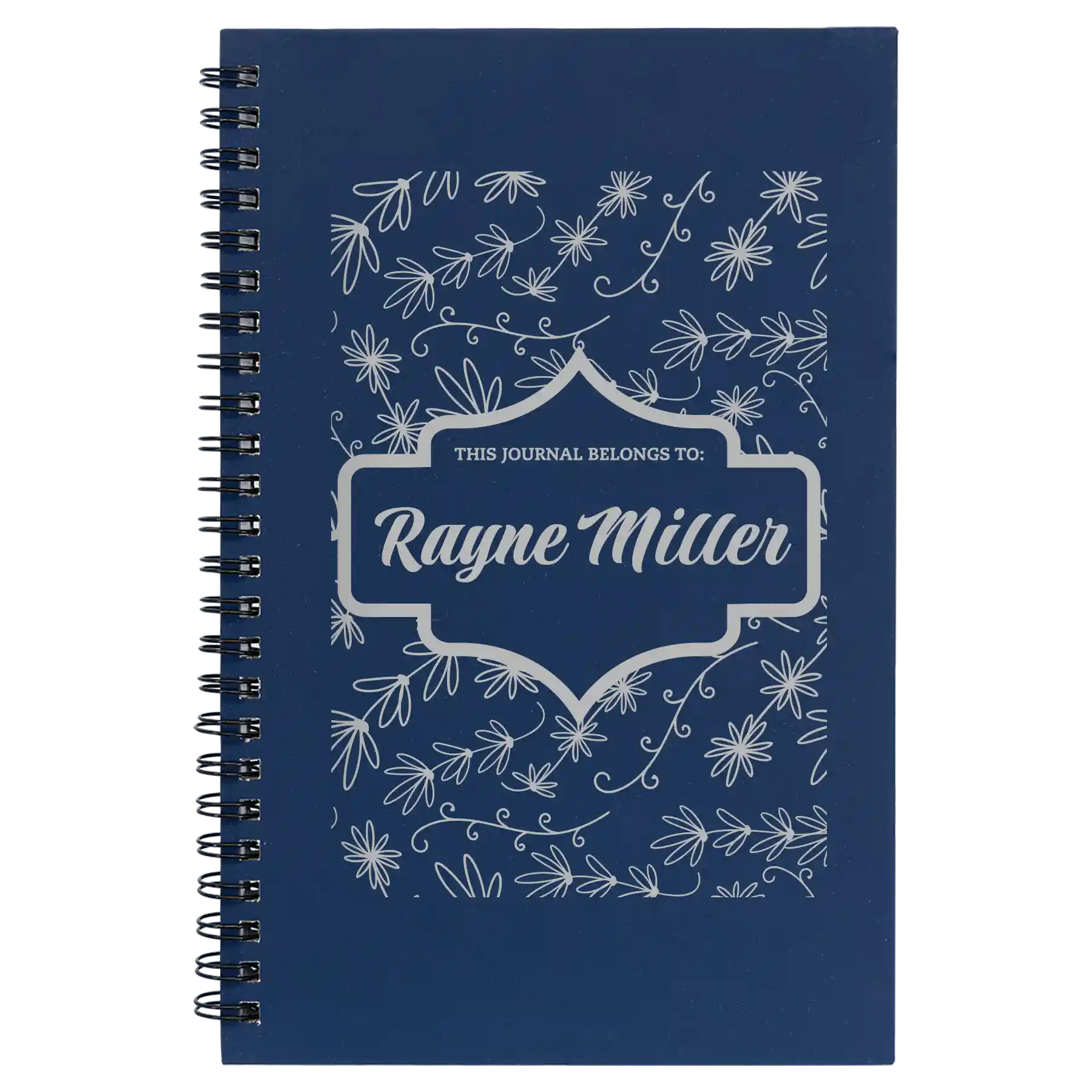 Small blue spiral notebook laser etched with 'This Journal Belongs to' design