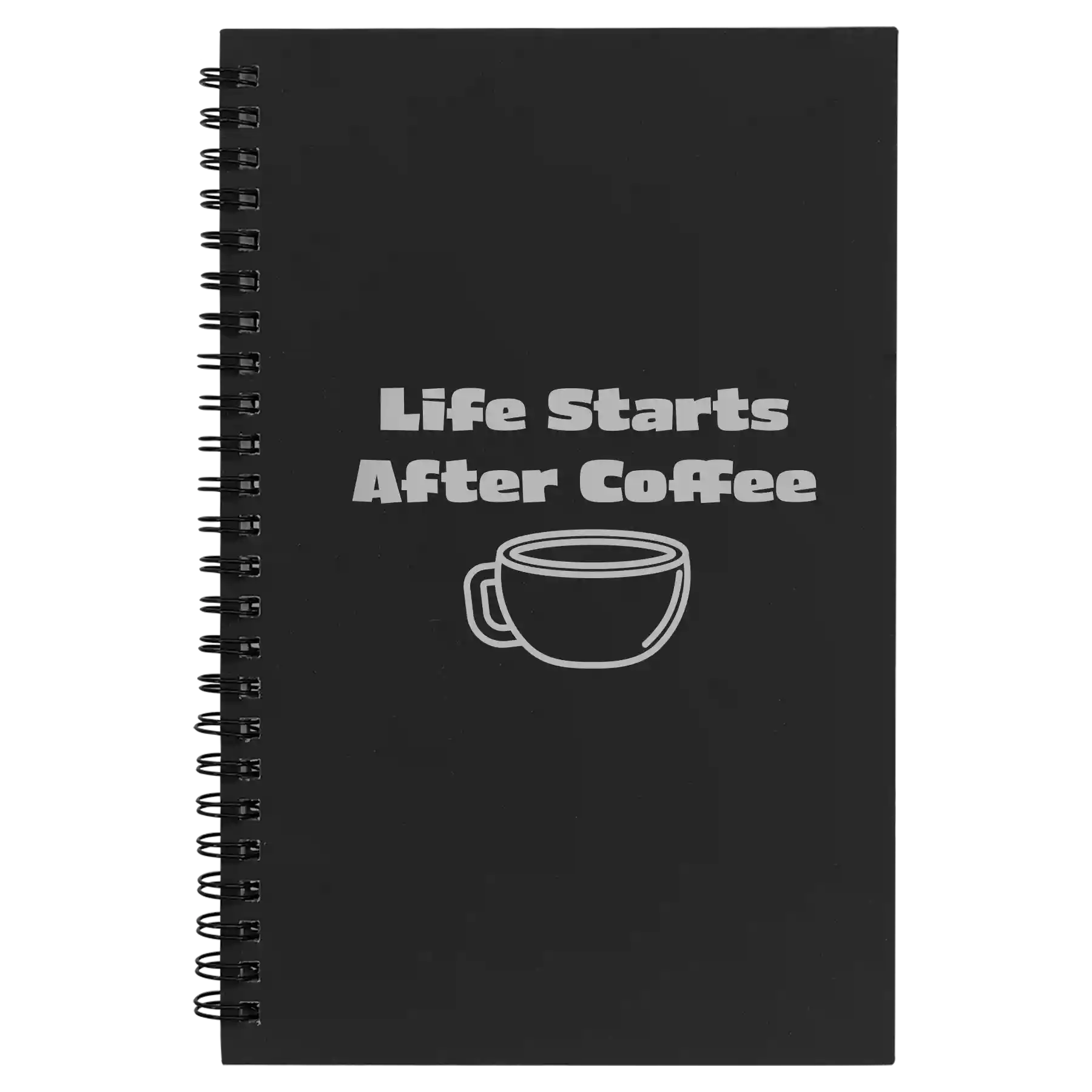 Small black spiral notebook laser etched with 'Life Coffee' design