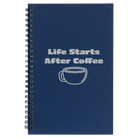 Small blue spiral notebook laser etched with 'Life Coffee' design