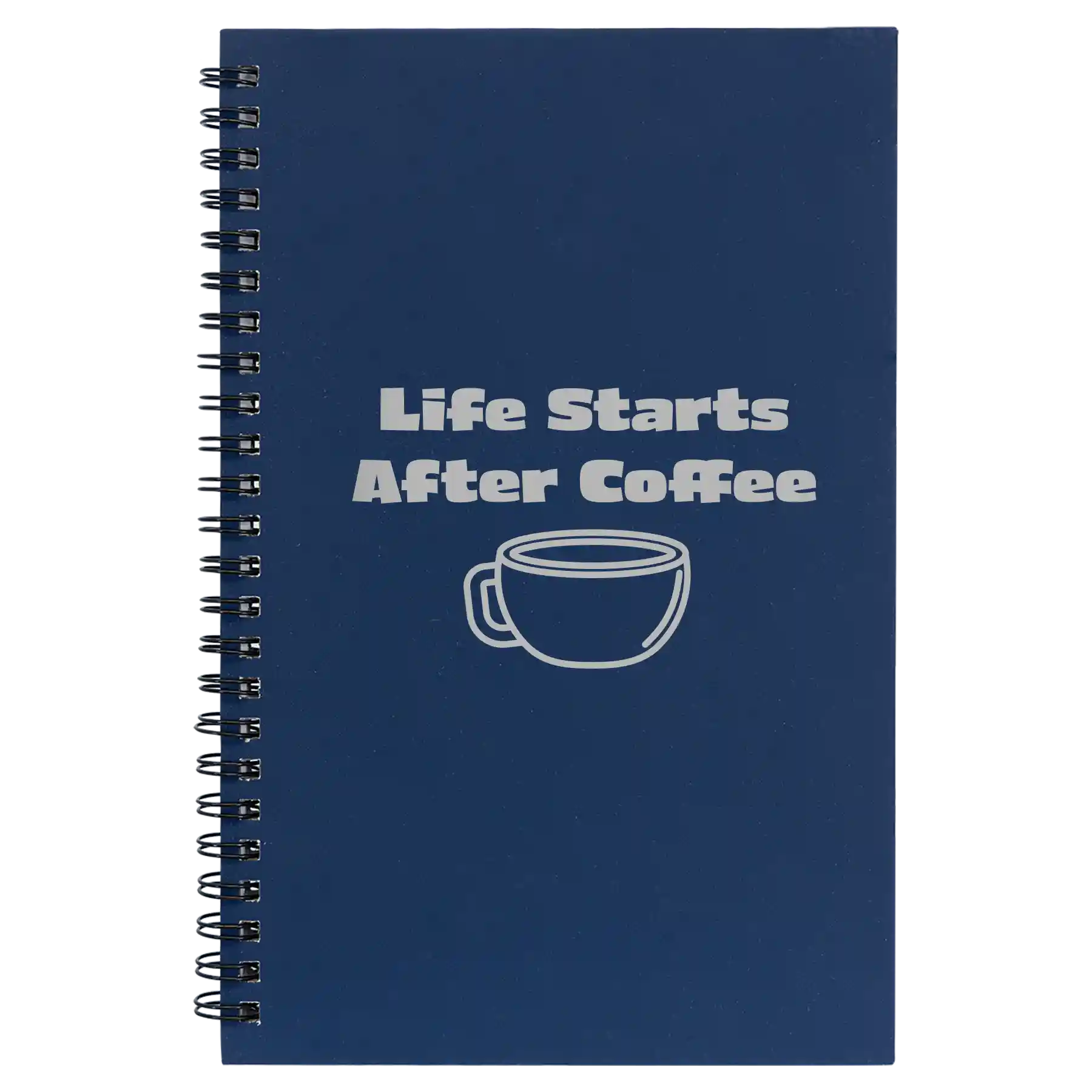 Small blue spiral notebook laser etched with 'Life Coffee' design