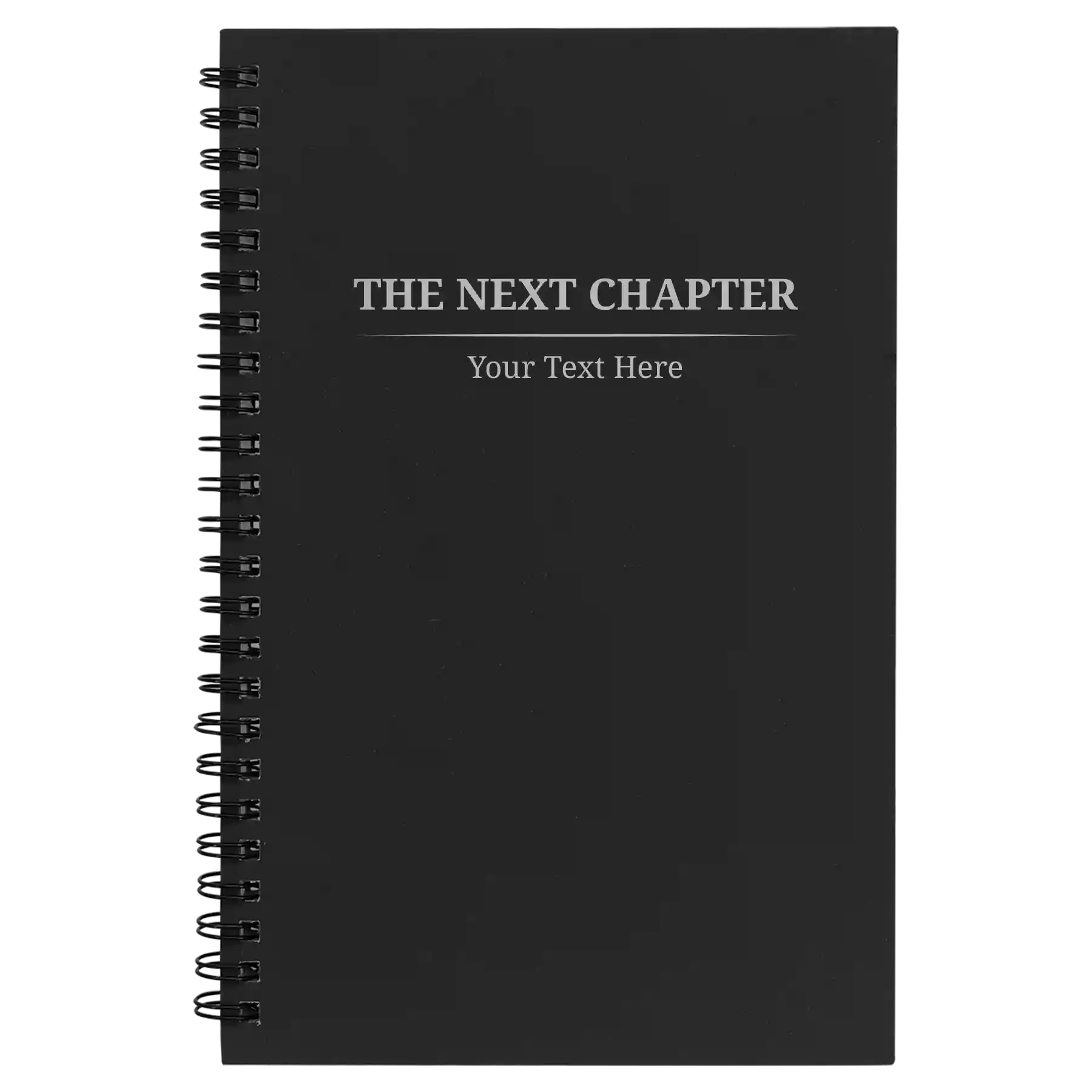 Small black spiral notebook laser etched with 'Next Chapter' design