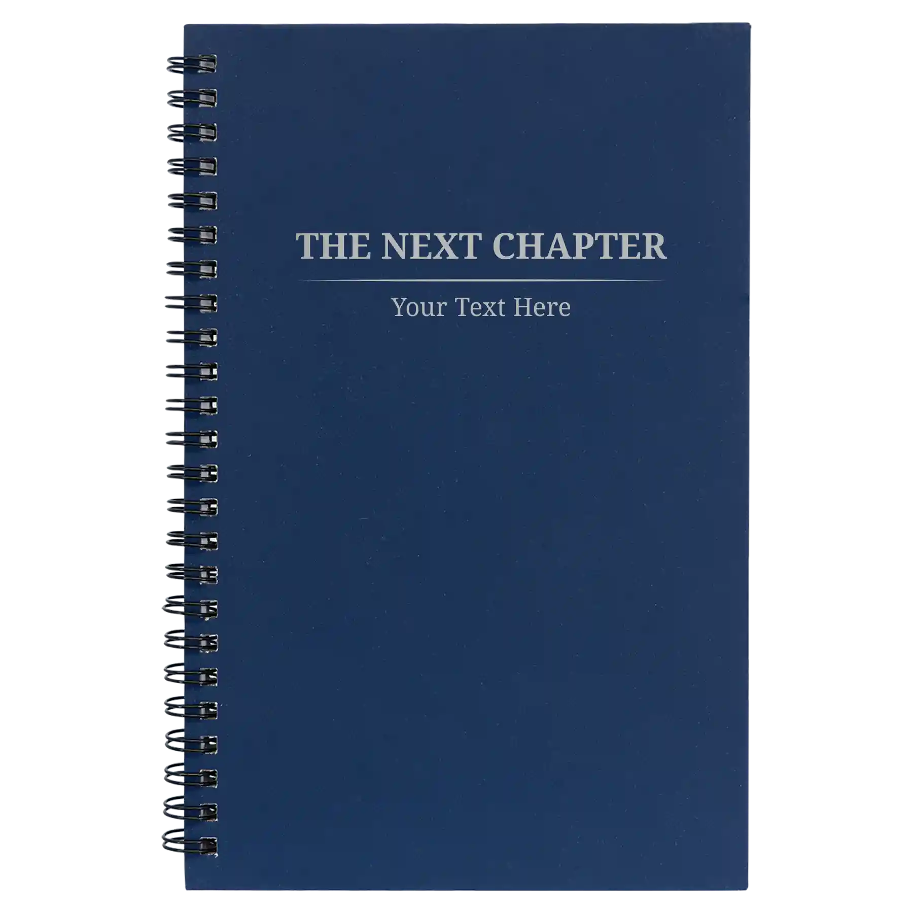 Small blue spiral notebook laser etched with 'Next Chapter' design