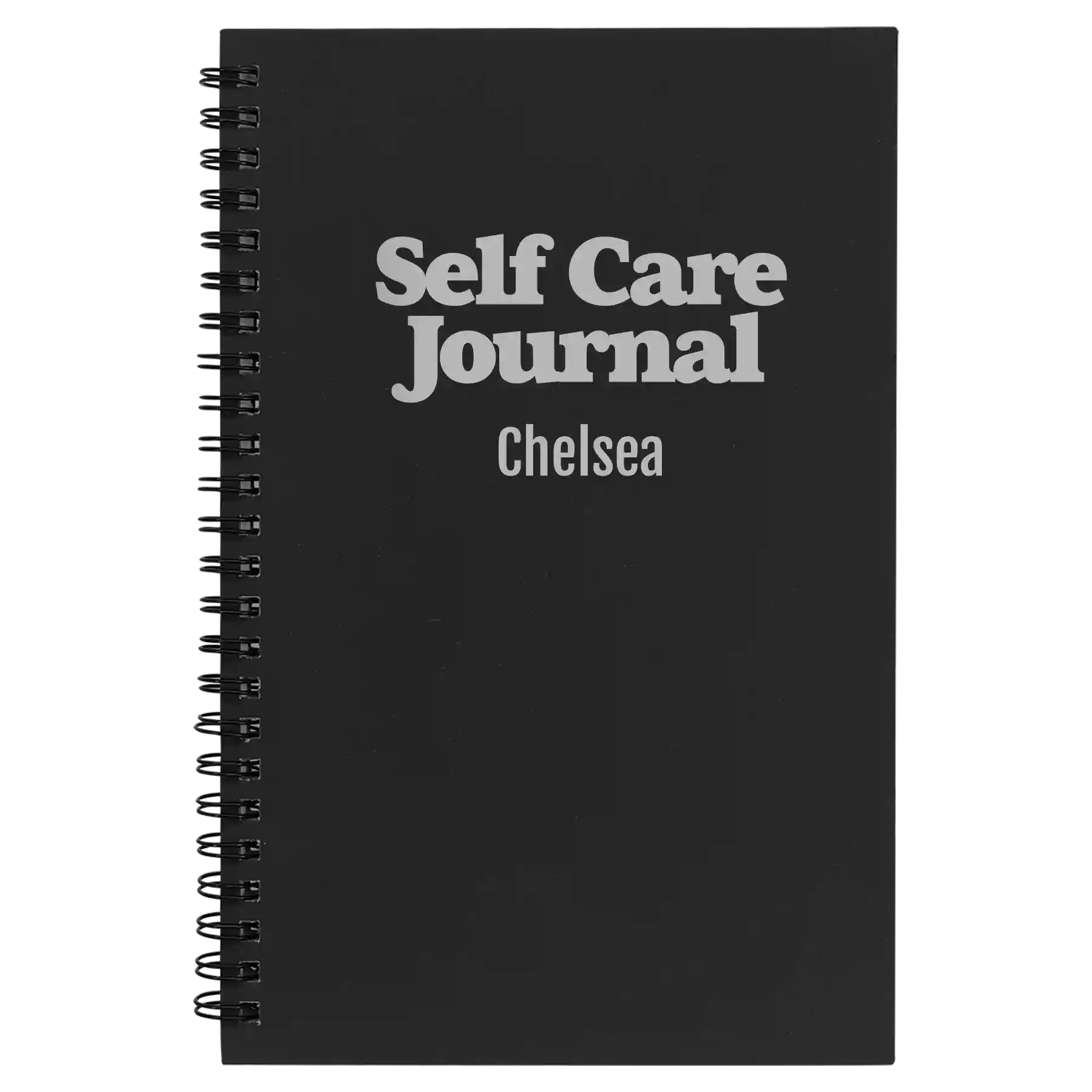 Small black spiral notebook laser etched with 'Self Care' design