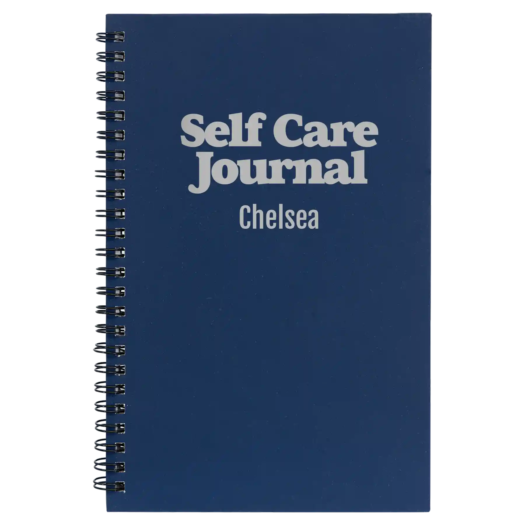 Small blue spiral notebook laser etched with 'Self Care' design