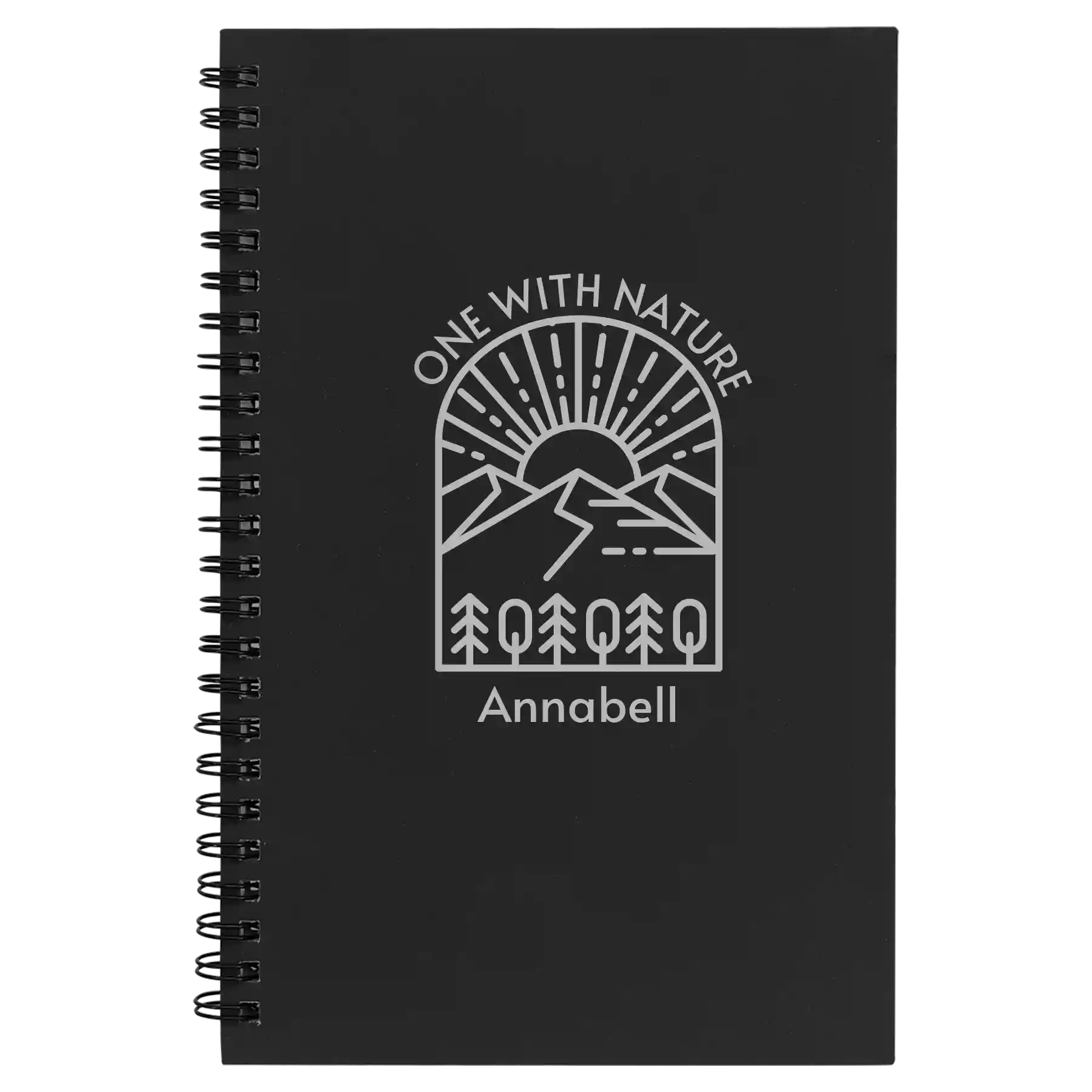 Small black spiral notebook laser etched with 'One with Nature' design