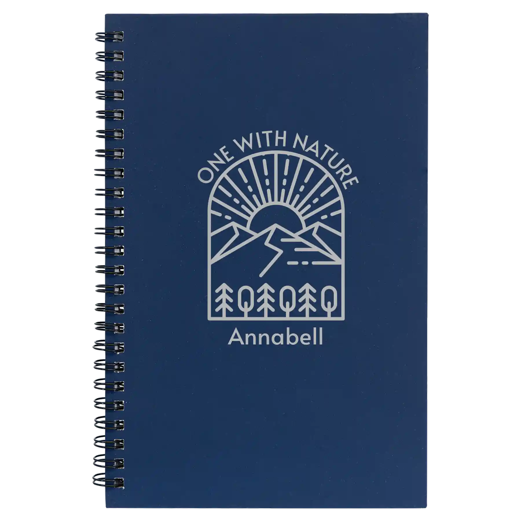 Small blue spiral notebook laser etched with 'One with Nature' design