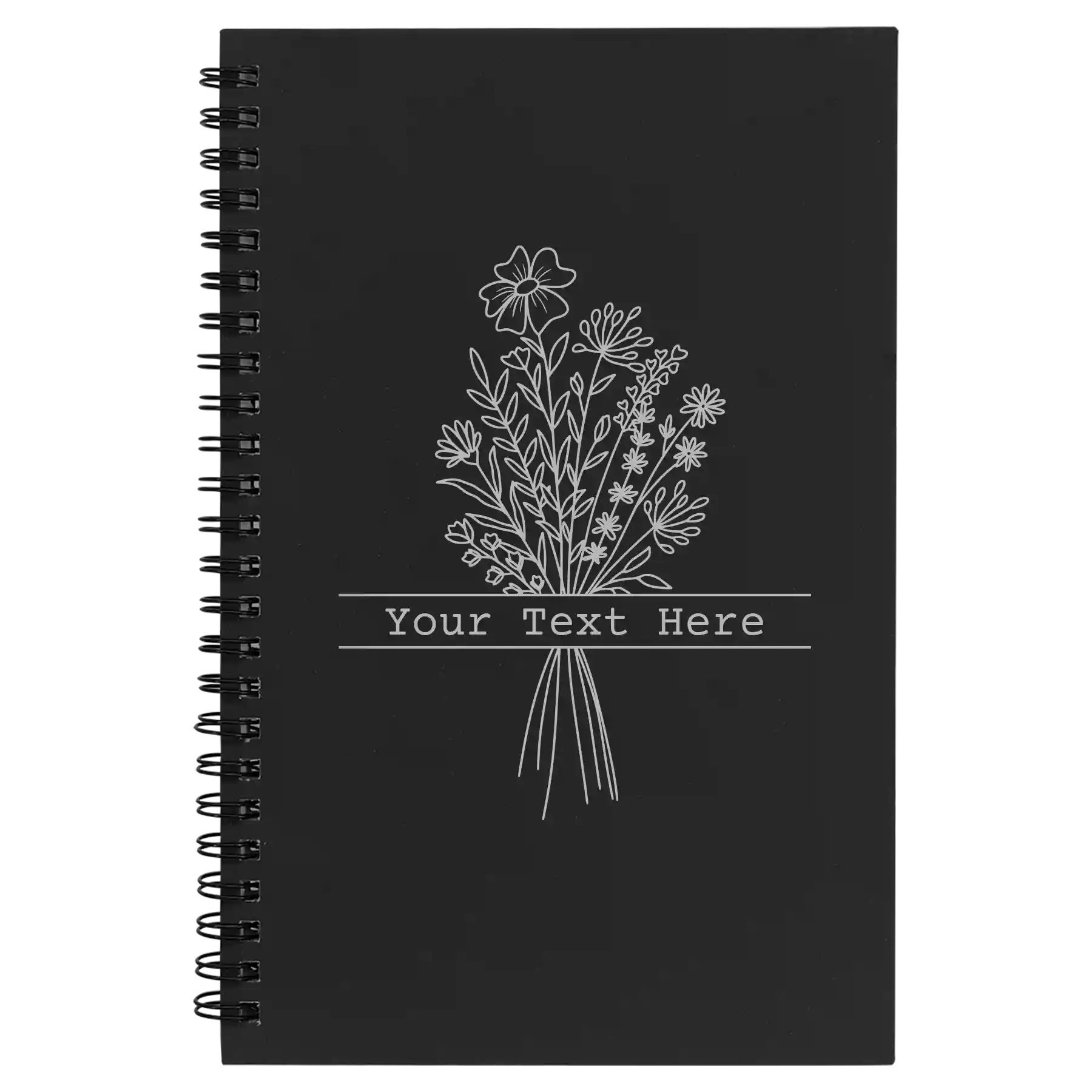 Small black spiral notebook laser etched with 'Bouquet Text' design