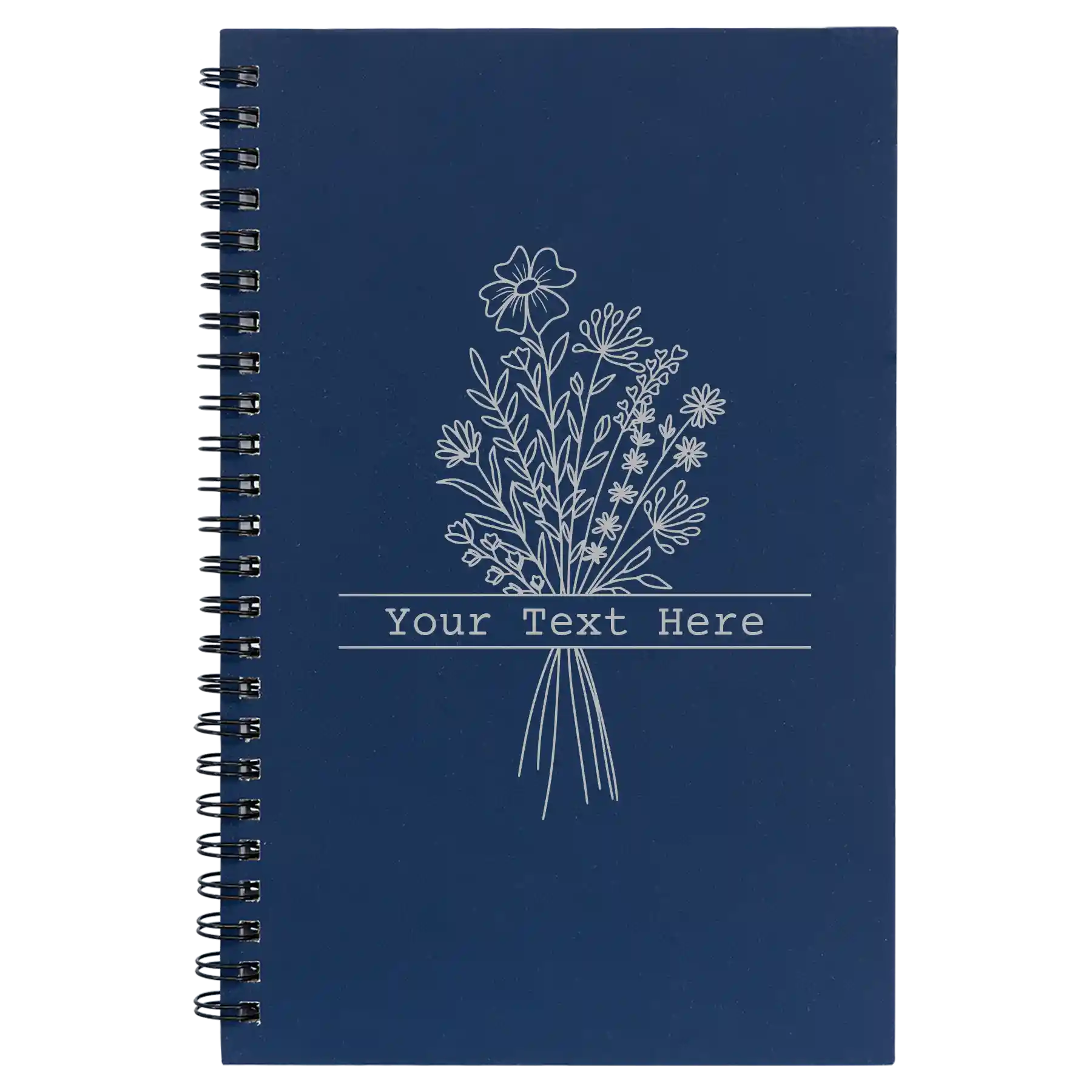 Small blue spiral notebook laser etched with 'Bouquet Text' design