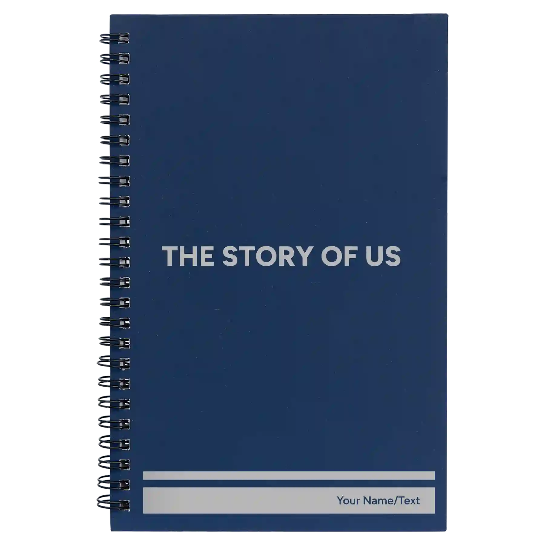 Small blue spiral notebook laser etched with 'The Story of Us' design