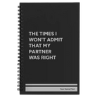Small black spiral notebook laser etched with 'The Times I wont Admit' design